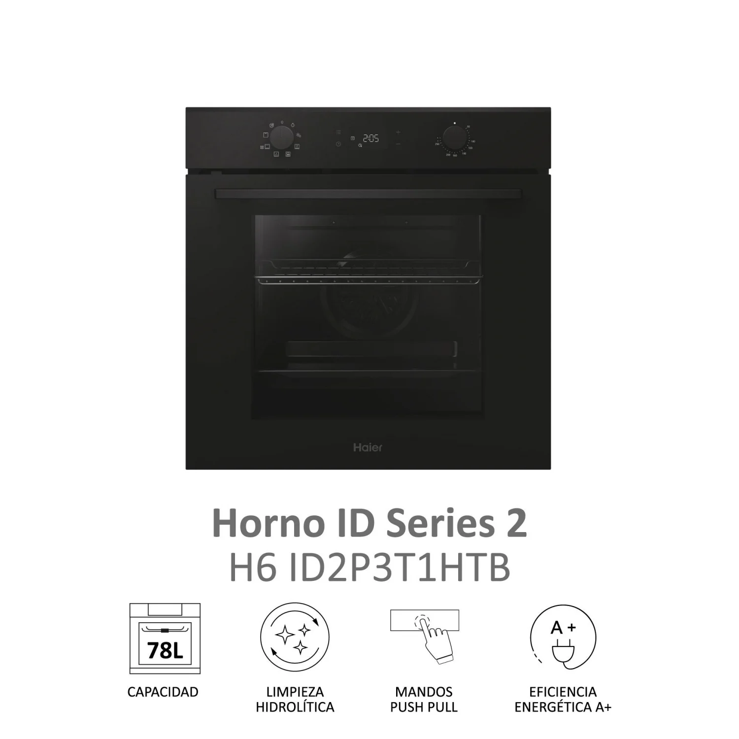 Haier H6 ID2P3T1HTB Multifunktionsbackofen, 3,3 kW, 78 l, Klapptür, 9 Kochfunktionen, Energieeffizienzklasse A+ – Schwarz