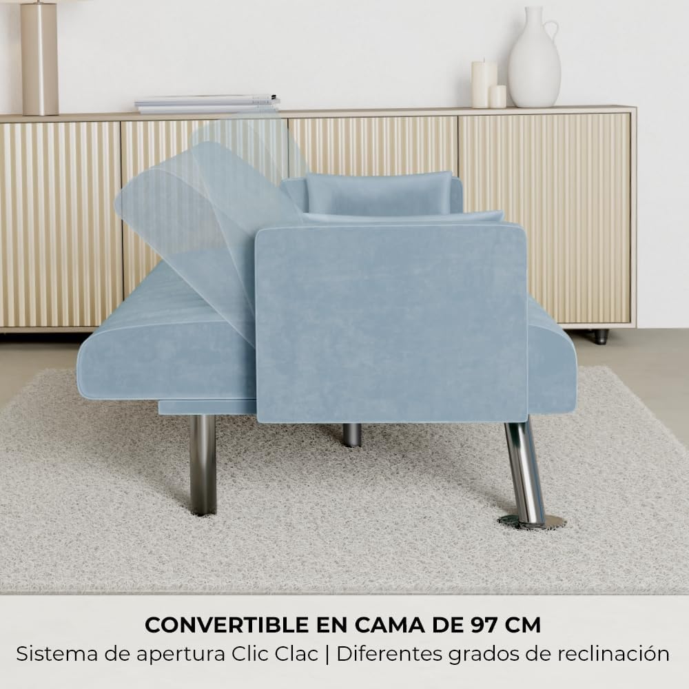 Nalui – Gepolstertes 3-Sitzer-Schlafsofa 210 x 80 x 79 cm, einlagig, 2 Kissen, Klick-Klack-Öffnungsmechanismus mit verstellbarer Rückenlehne. Samt-Chaiselongue-Schlafsofa, umwandelbar in ein Doppelbett | Beige