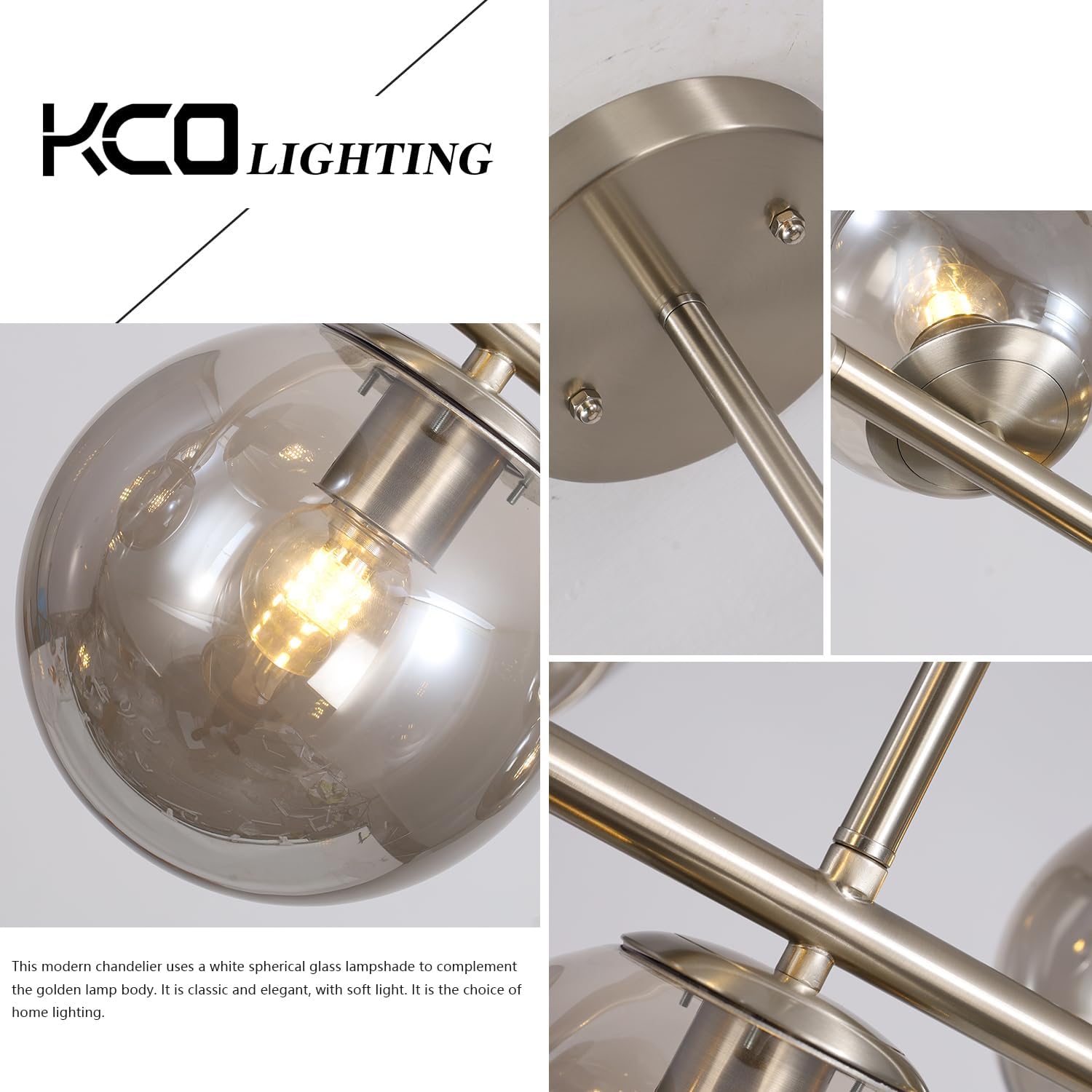 Moderne Esszimmerleuchte von KCO Lighting aus goldfarbenem Metall, Kücheninsel-Pendelleuchte aus weißem Glas, 7-flammig, E27, 80 cm höhenverstellbar