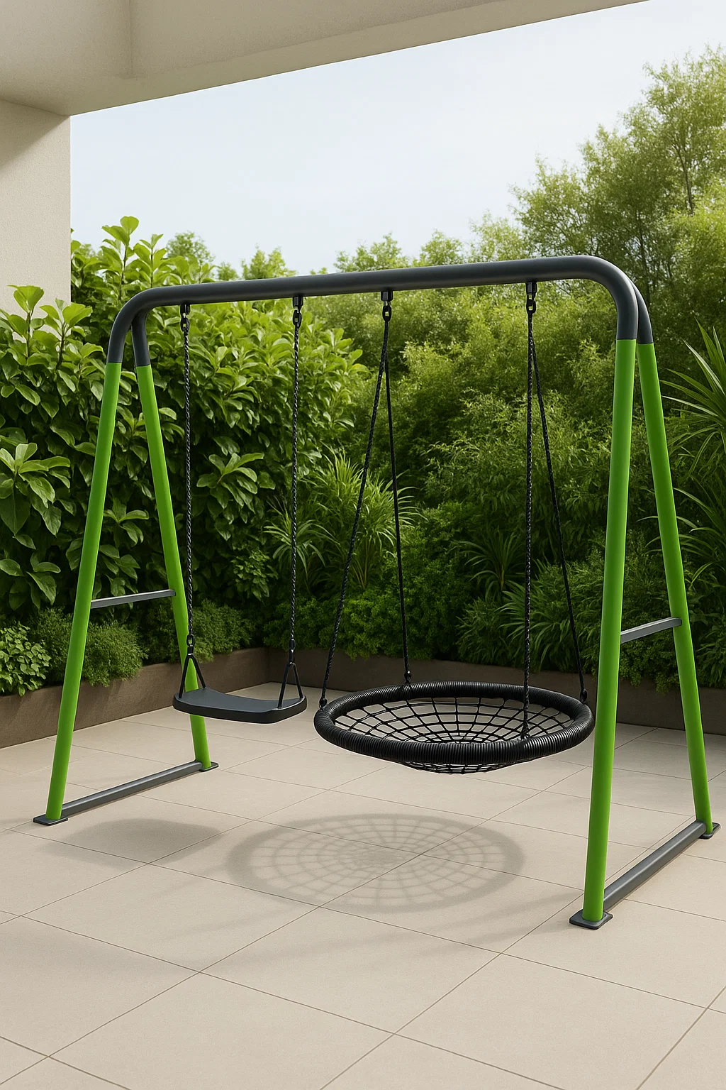 Balançoire double, métal noir et vert, extérieur, 215 × 160 × 185 cm DXSWtiIS84YH