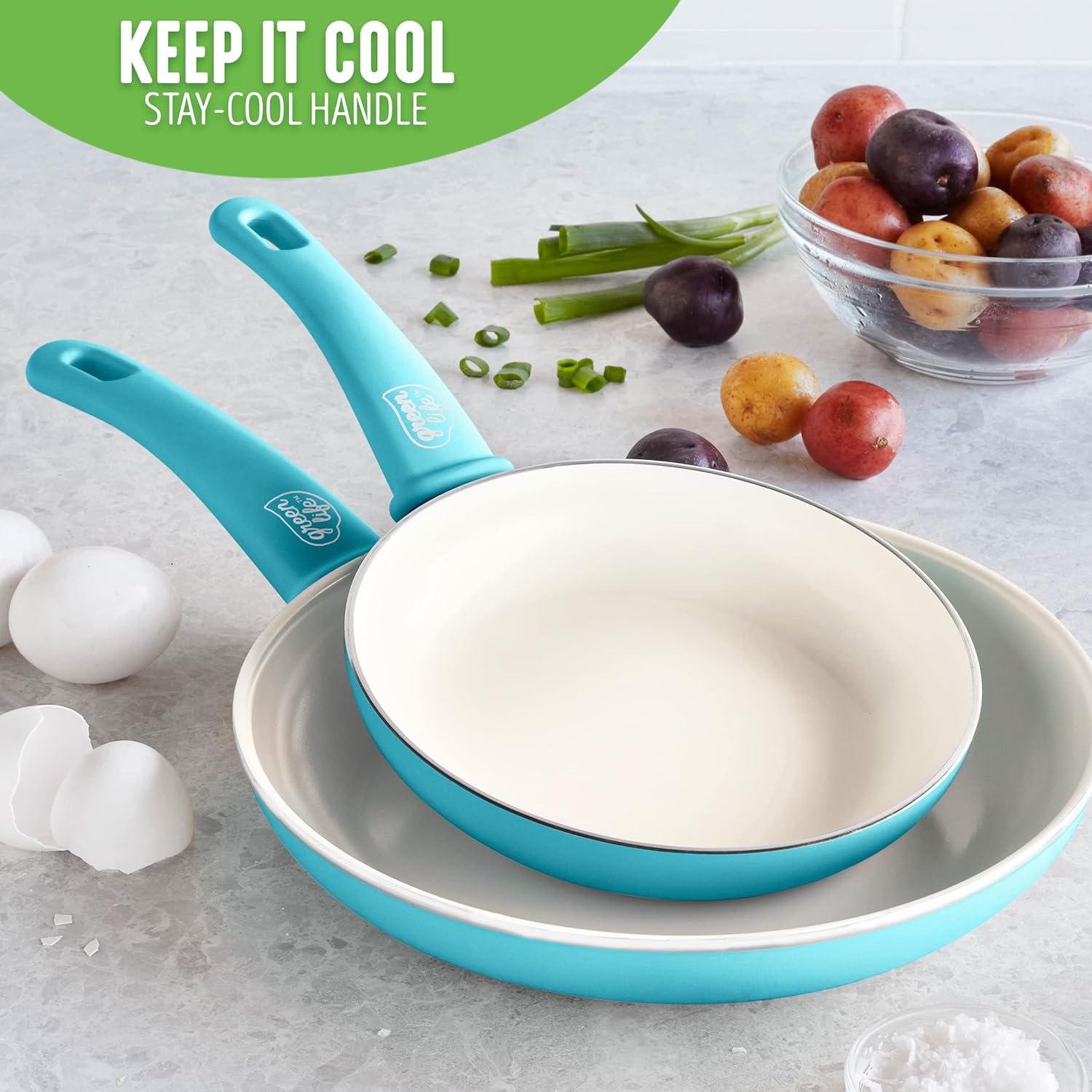 GreenLife Soft Grip 16-teiliges Antihaft-Keramik-Kochgeschirr-Set, bestehend aus Bratpfanne, Stielkasserolle und Topf, PFAS-frei, spülmaschinenfest, ofenfest, türkis