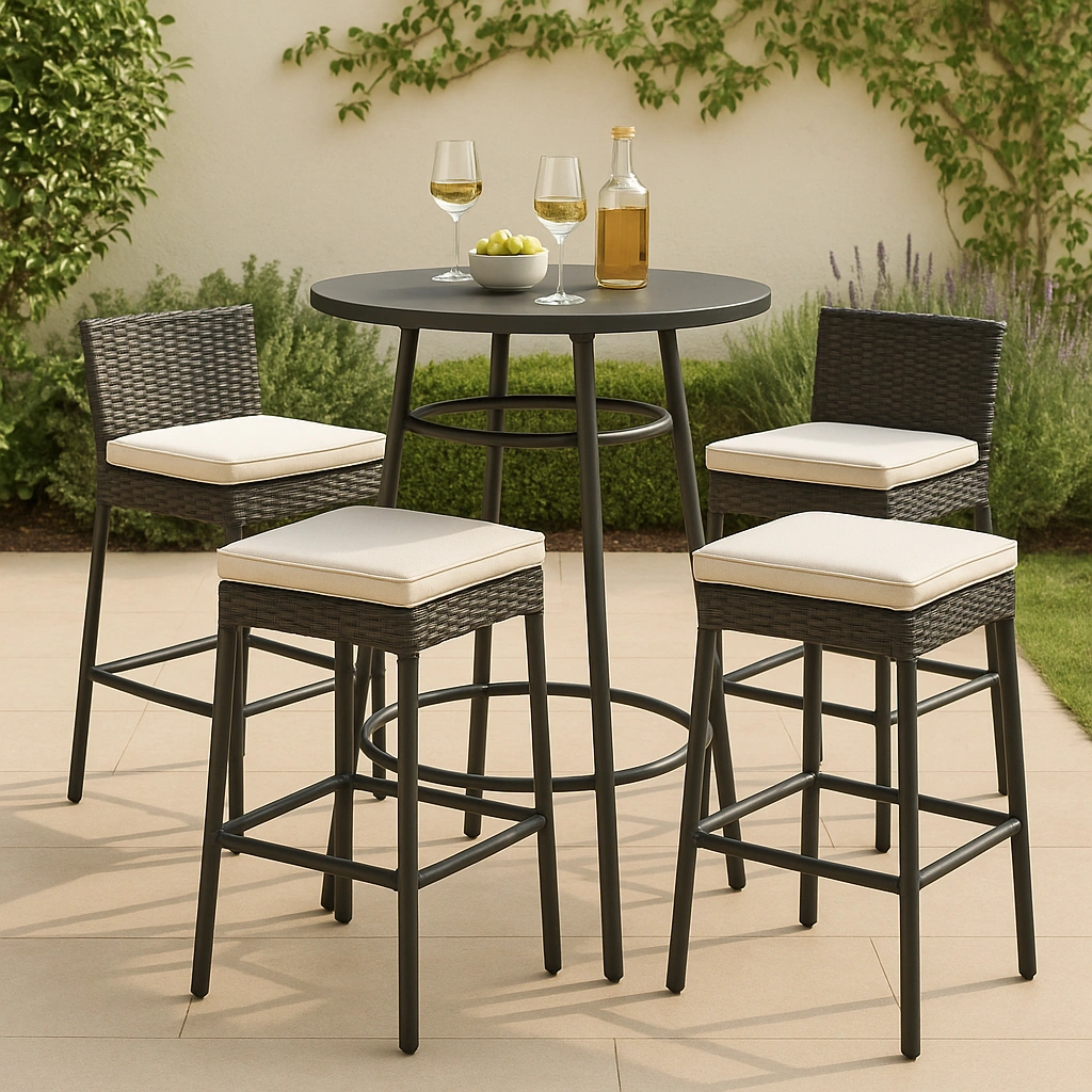 Ensemble bar de jardin avec table et tabourets, noir avec coussins beiges, rotin synthétique, pour usage extérieur
