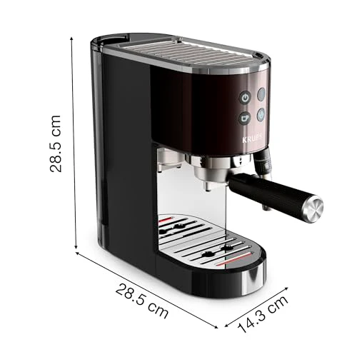 Machine à expresso Krups Virtuoso Essential - 15 bars. Acier inoxydable noir. Design compact et élégant. Arrêt automatique. Expresso et cappuccino. Thermobloc. Buse vapeur. Doseur inclus. XP4418