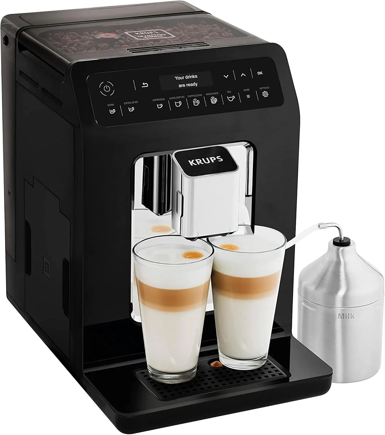2025 Krups Evidence automatisk kaffemaskine | OLED-display med Barista Quattro Force-teknologi | 12 typer kaffe | 3 typer te | One-Touch Cappuccino | 2-kops funktion | Sort