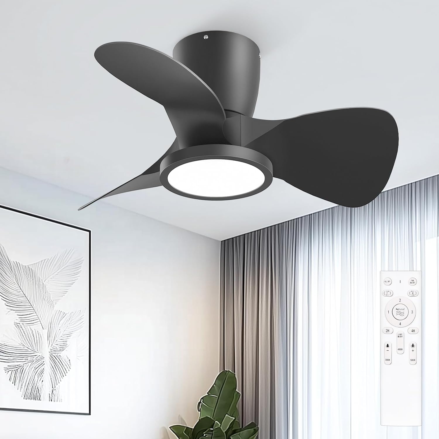 Ventilateur de plafond Ateroll avec lumière, Ø 61 cm, LED 3CCT à intensité variable (3 000 K-4 000 K-5 000 K), 1 500 lm, avec télécommande, 6 vitesses, minuterie, idéal pour salon et chambre.