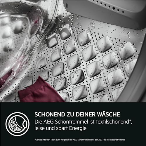 Waschmaschine der AEG ProSteam 7000 Serie (Modelljahr 2025): Erfrischende Dampffunktion. 9 kg Fassungsvermögen. Leiser Betrieb. Automatische Beladungserkennung. 20 % Wasserersparnis. Wäschezuführungsfunktion. Wasserstoppfunktion. Schleuderdrehzahl 14