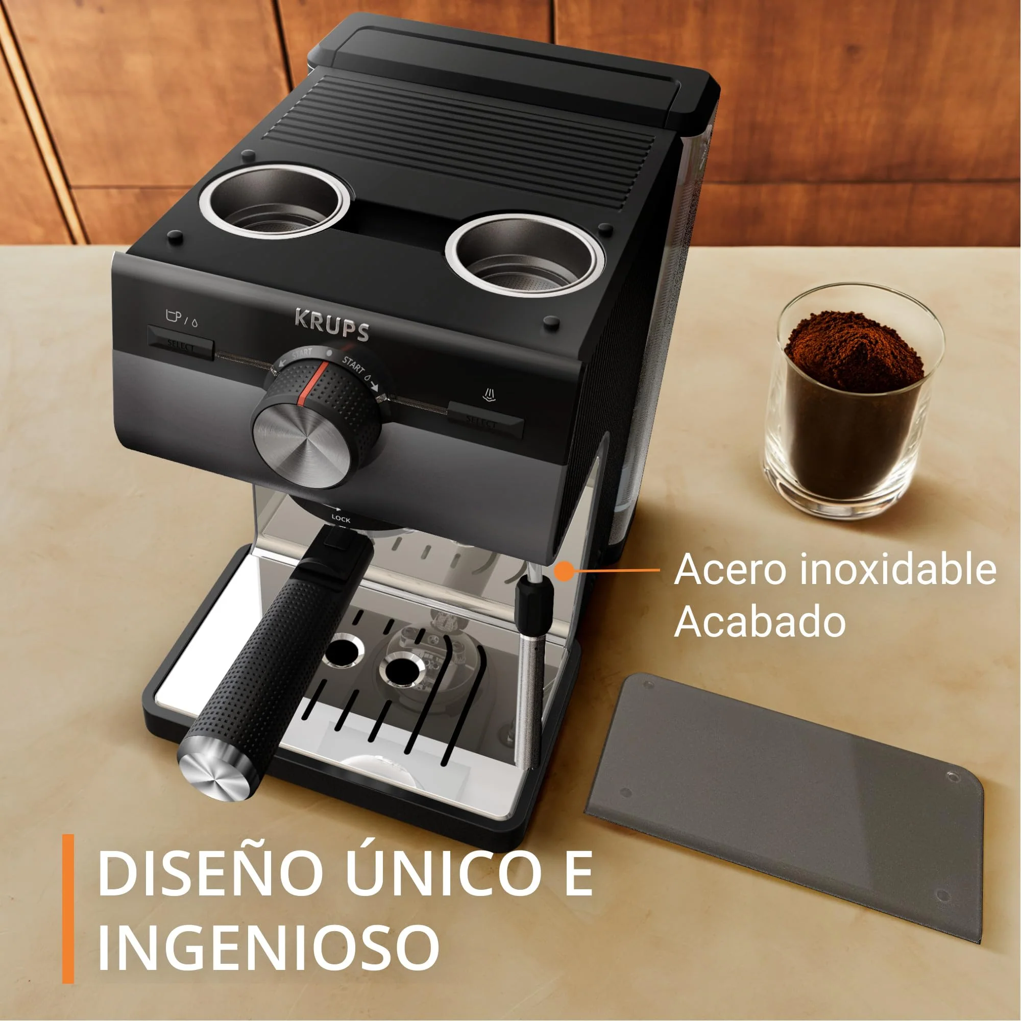 Machine à expresso Krups Virtuoso Essential - 15 bars. Acier inoxydable noir. Design compact et élégant. Arrêt automatique. Expresso et cappuccino. Thermobloc. Buse vapeur. Doseur inclus. XP4418