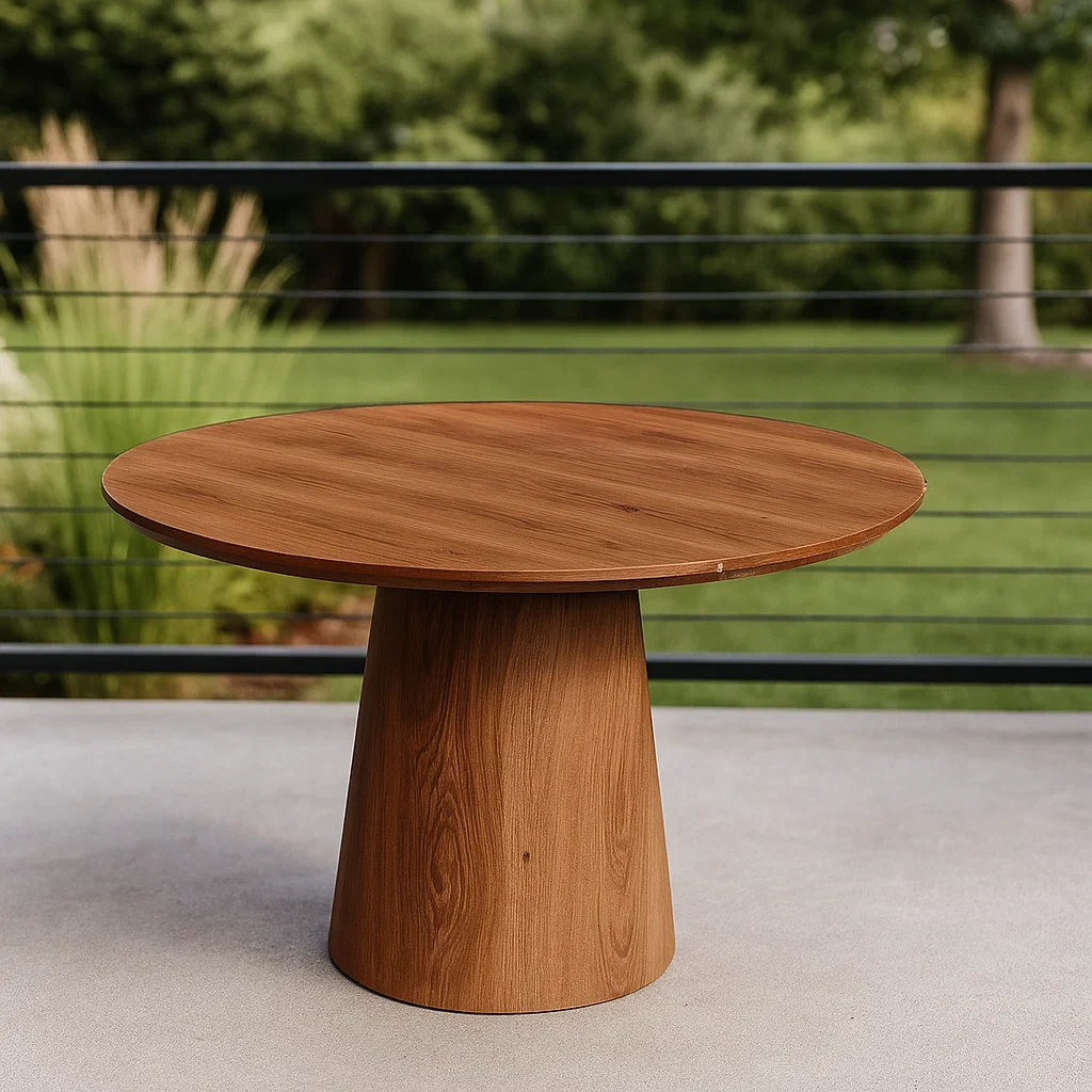 Table de jardin marron, bois et MDF, pour terrasse, diamètre 110 cm x hauteur 80 cm
