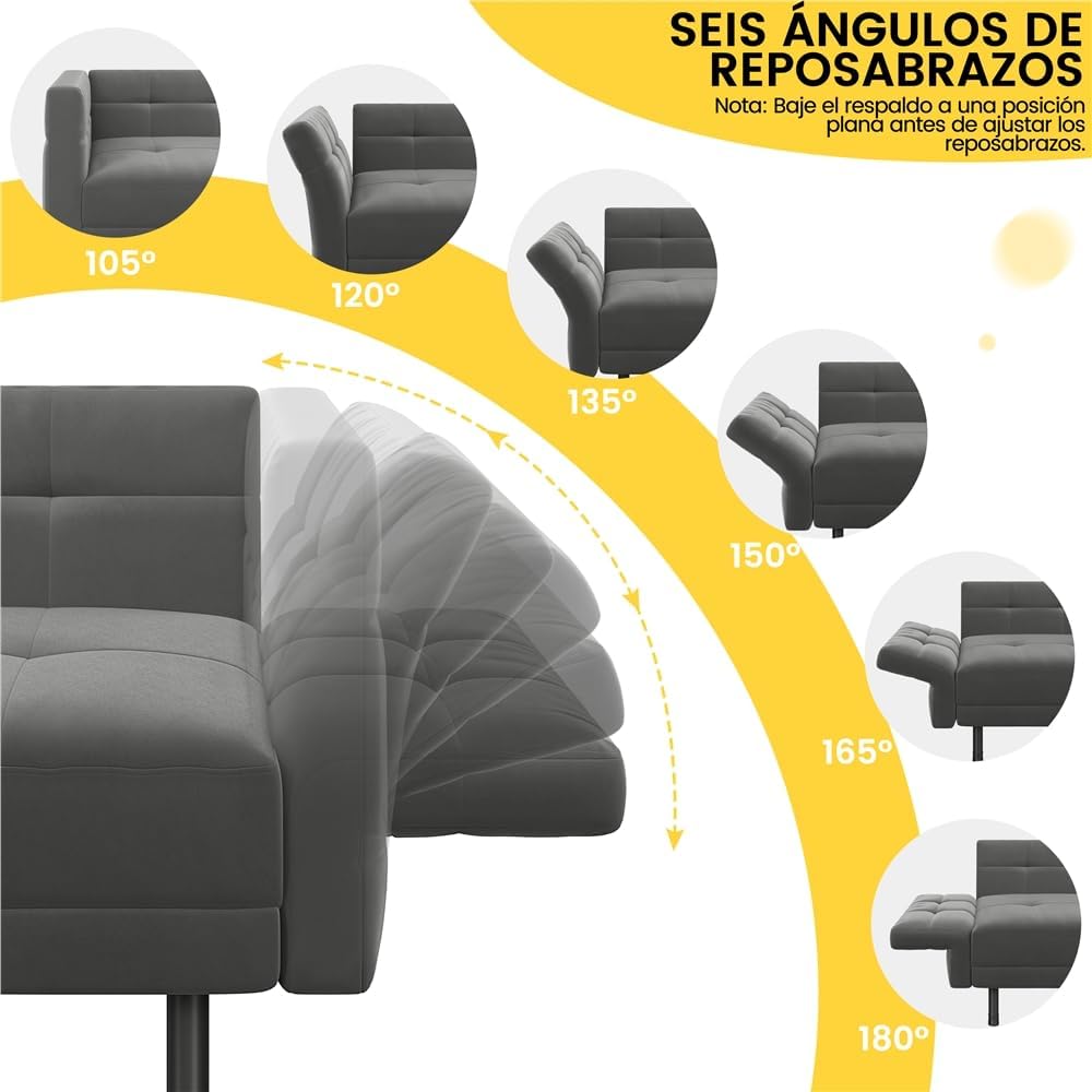 Yaheetech 2-personers fløjlssovesofa, konvertibel sofa 171x80x72cm med 4 puder, sofa med justerbare armlæn og ryglæn til stue, soveværelse og arbejdsværelse, grå