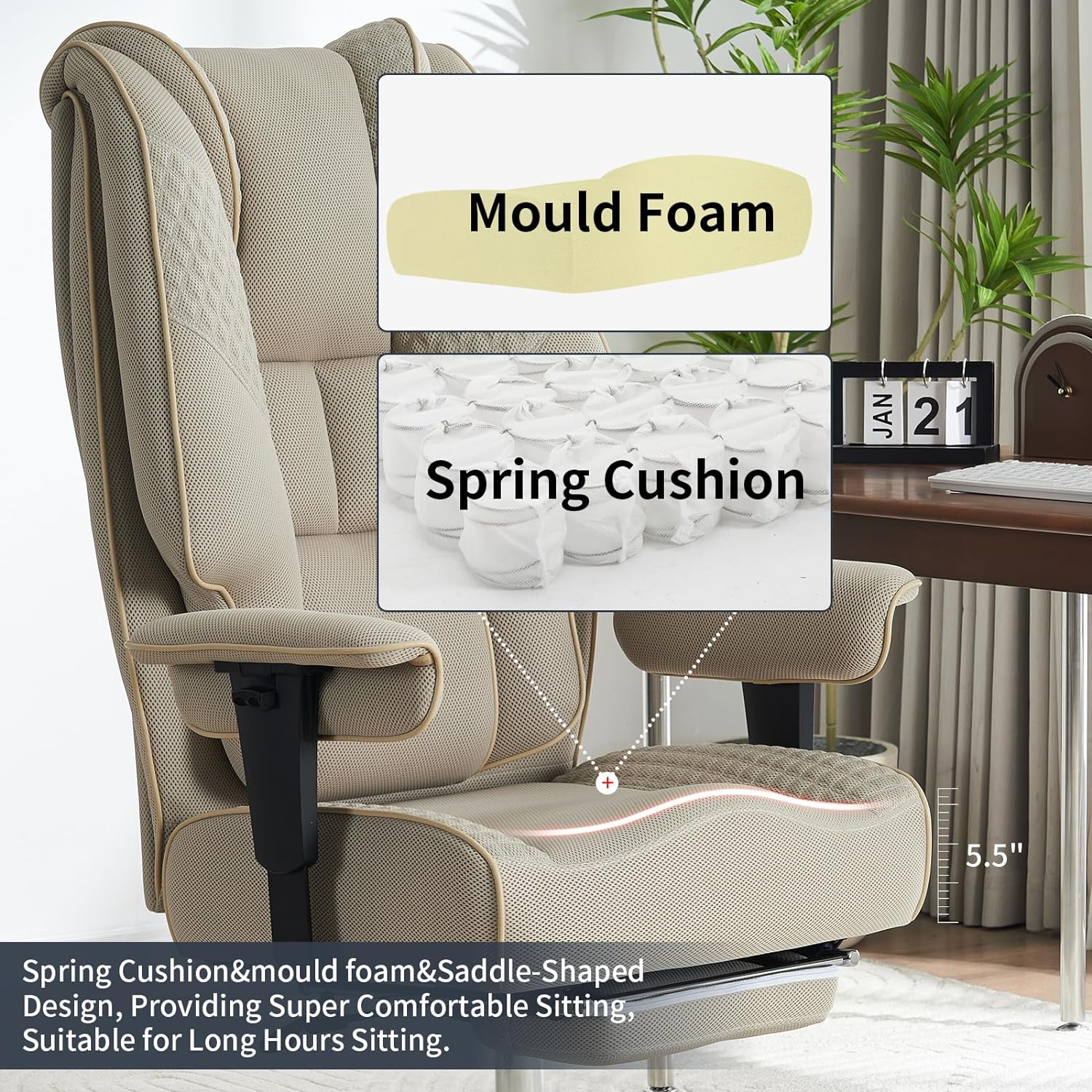 Hoher und breiter Bürostuhl für 181 kg, Chefsessel aus Leder mit hoher Rückenlehne und Fußstütze, ergonomischer Stuhl mit Lendenwirbelstütze zur Linderung von Rückenschmerzen (Beige)