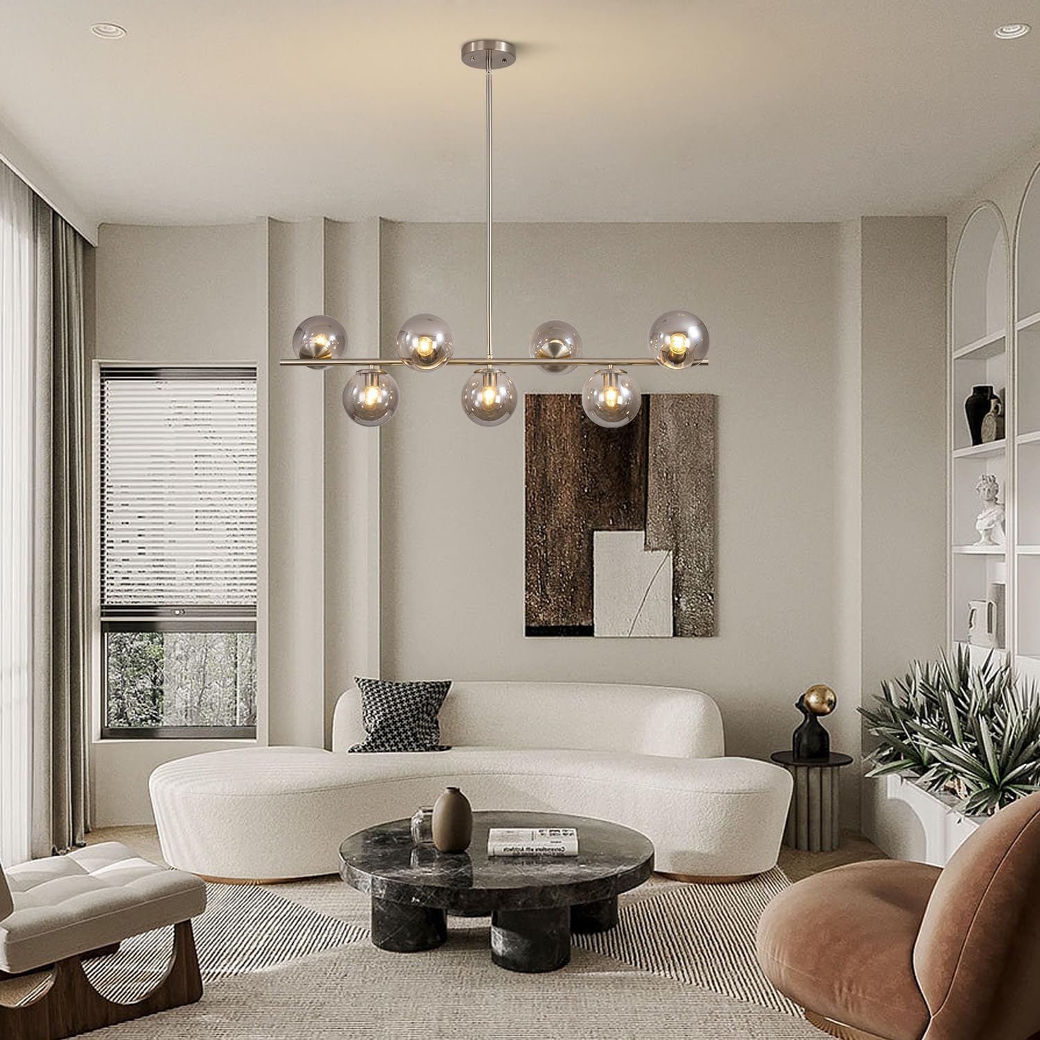 Moderne Esszimmerleuchte von KCO Lighting aus goldfarbenem Metall, Kücheninsel-Pendelleuchte aus weißem Glas, 7-flammig, E27, 80 cm höhenverstellbar