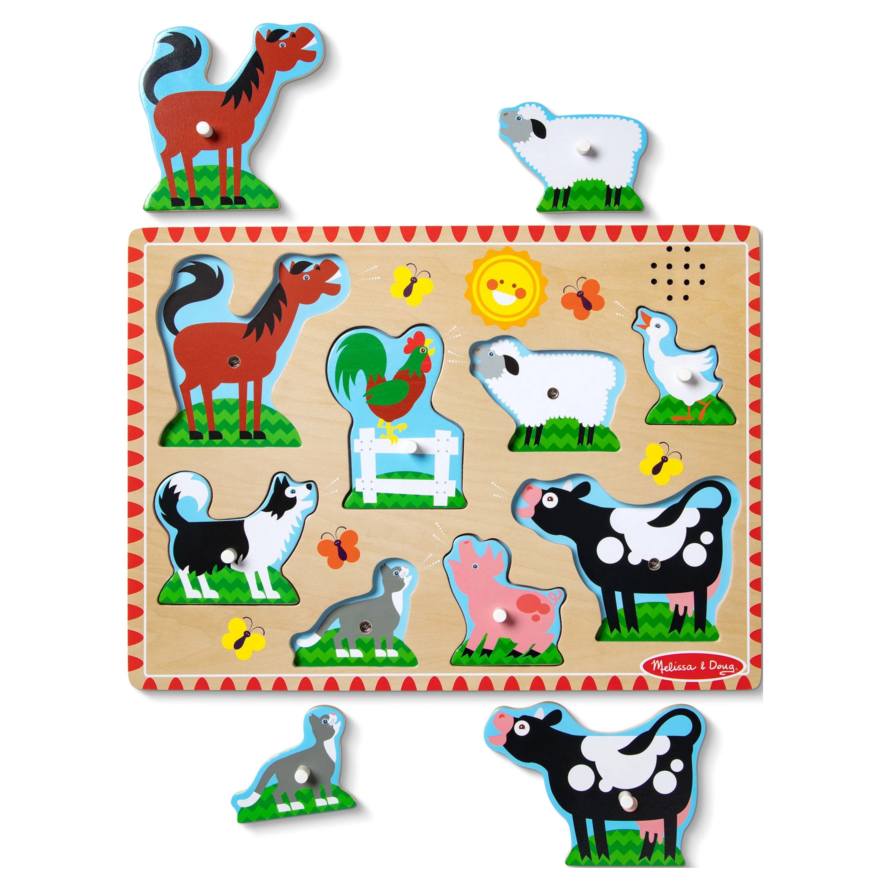 Melissa & Doug Bauernhof-Tiergeräuschpuzzle – Holzpuzzle mit Steckverbindungen und Soundeffekten (8 Teile)
