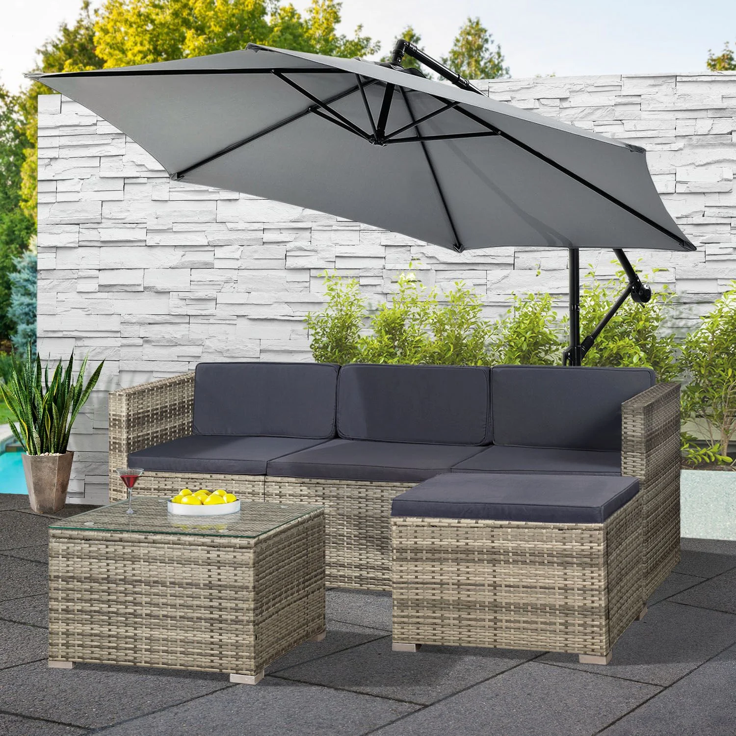 Ensemble de jardin en résine tressée Punta Cana M 2025, noir avec coussins gris