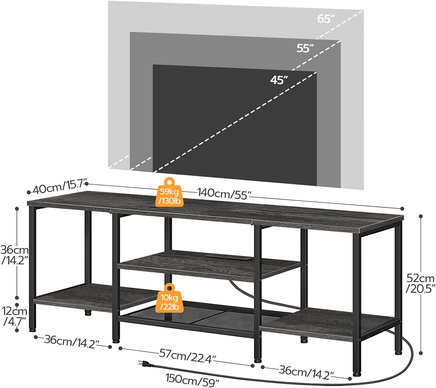 TV-Ständer mit integrierten Steckdosen für Fernseher bis zu 75 Zoll, Konsolentisch mit offenen Regalen, Entertainment-Center im Industrial-Stil für Wohn- oder Schlafzimmer, Rustikales Braun und Schwarz BF60DS01