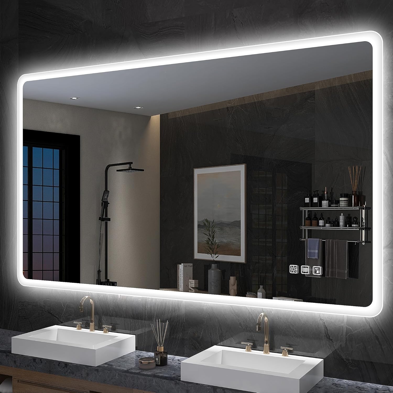 S'bagno badeværelsesspejl med lys 1200x700mm, IP44 - badeværelsesspejl med LED og Bluetooth, antidugfunktion / 3 lysfarver (3000K, 4000K, 6500K) / Dæmpbar / Memory, lodrette eller vandrette badeværelsesspejle med LED