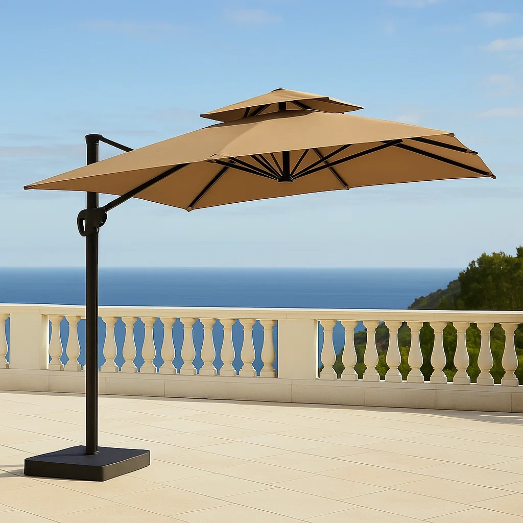 Parasol de terrasse marron en polyester avec armature métallique, pour usage extérieur, 205 x 105 x 274 cm