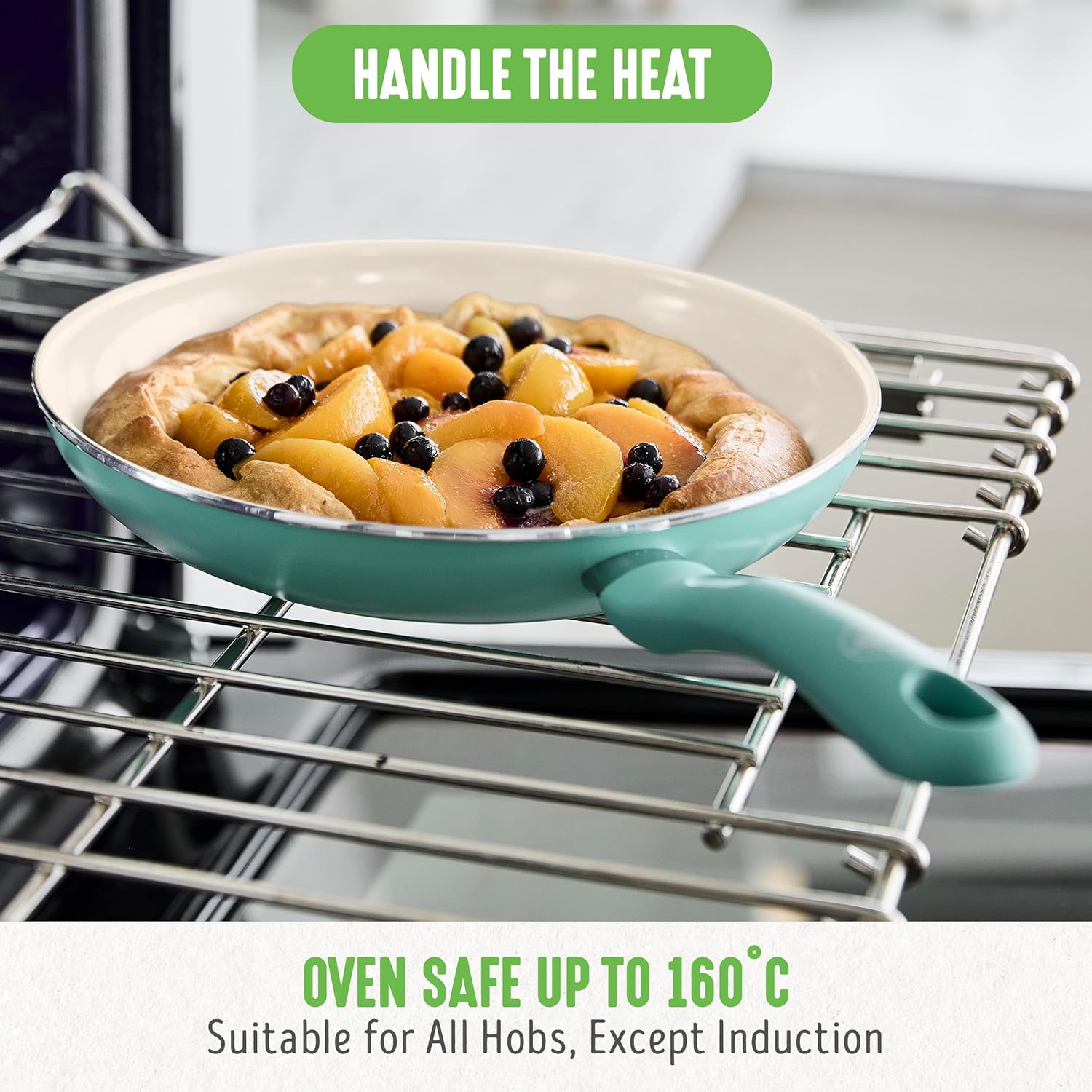 GreenLife Soft Grip 16-teiliges Antihaft-Keramik-Kochgeschirr-Set, bestehend aus Bratpfanne, Stielkasserolle und Topf, PFAS-frei, spülmaschinenfest, ofenfest, türkis