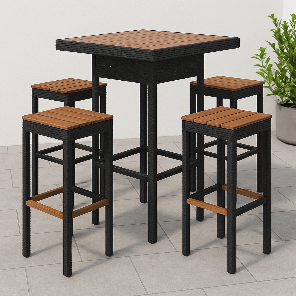 Ensemble table haute et tabourets de bar, noir/bois synthétique/rotin, pour terrasse