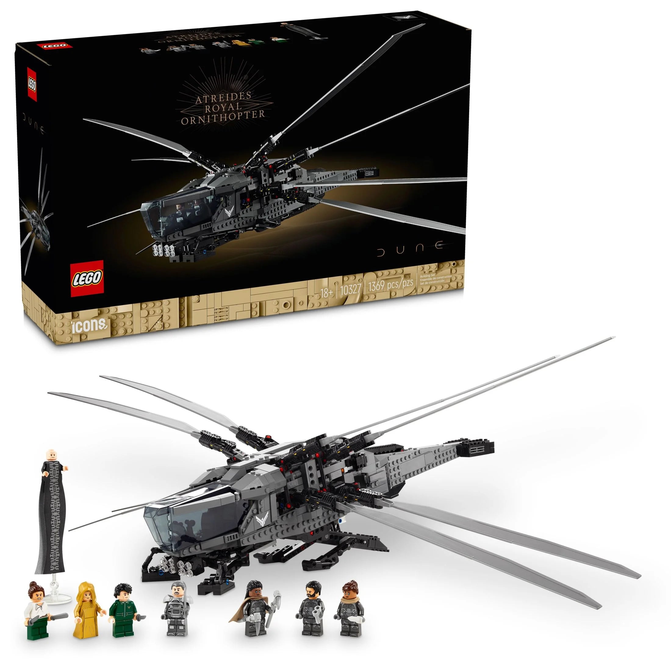 LEGO Icons Dune Atreides Royal Ornithopter 10327 – Dune-inspireret samlermodel til at bygge og fremvise, gaveidé til voksne sci-fi-filmfans, med 8 minifigurer inklusive Chani og Baron Harkonnen