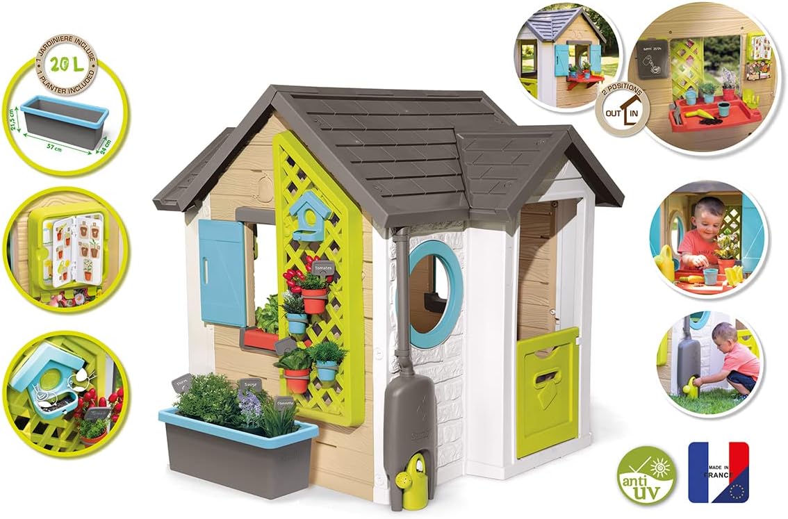 Smoby Life Gartenhaus – Kinder-Spielhaus zum Gärtnern – Inklusive Pflanzgefäß, Vogelfutterhaus, Werkzeug und Zubehör – UV-Schutz – Recyceltes Material – Ab 2 Jahren (7600810408)