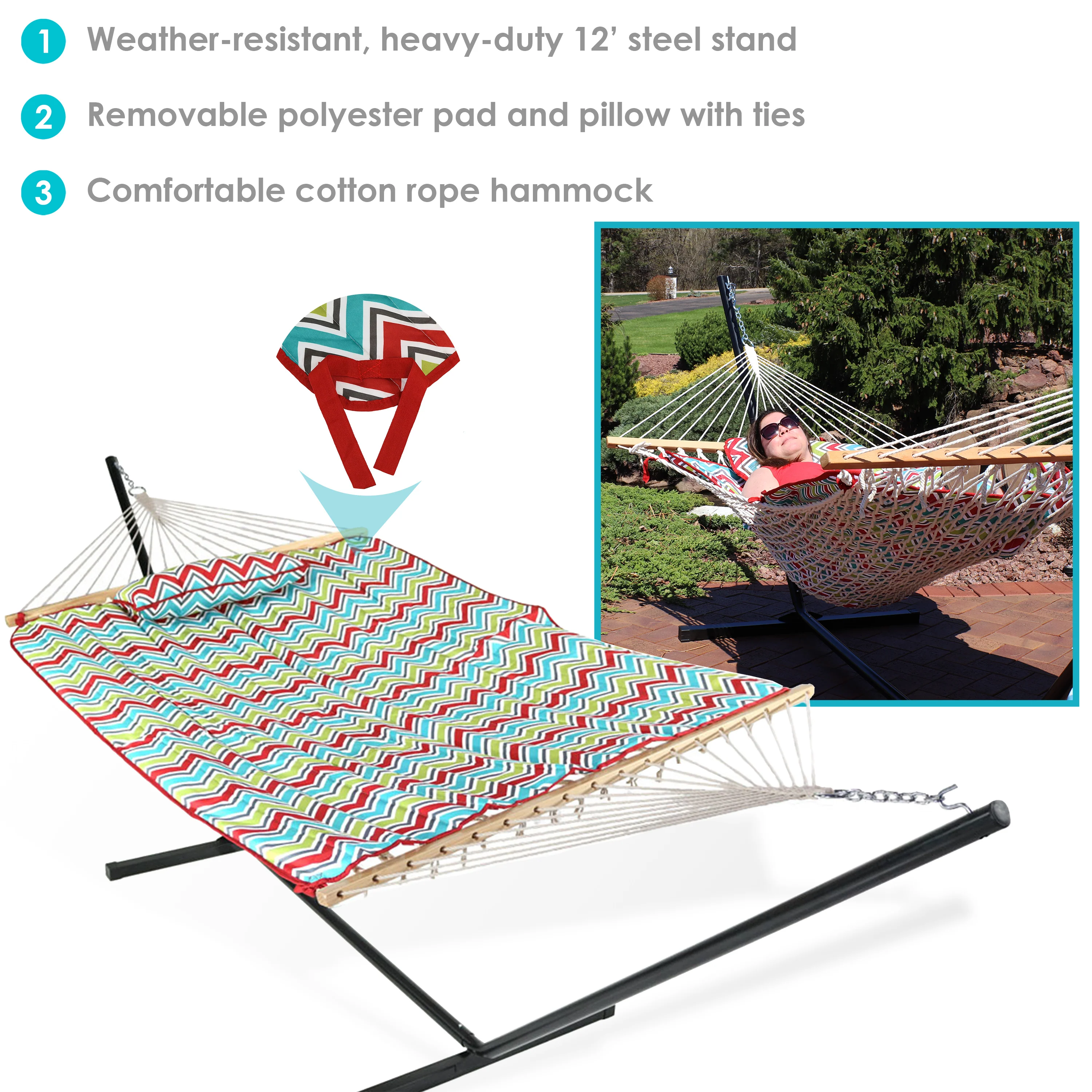 2025 Sunnydaze 12' rebhængekøje med stålstativ, madras og pude