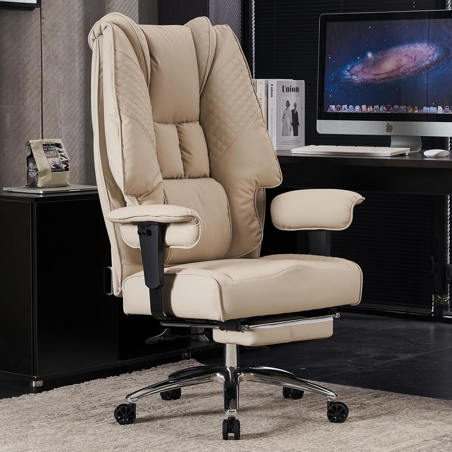 Hoher und breiter Bürostuhl für 181 kg, Chefsessel aus Leder mit hoher Rückenlehne und Fußstütze, ergonomischer Stuhl mit Lendenwirbelstütze zur Linderung von Rückenschmerzen (Beige)