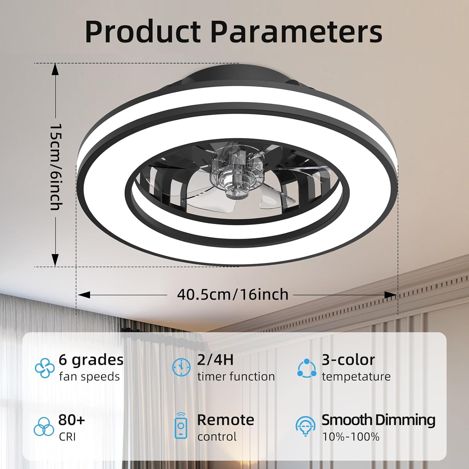 Ventilateur de plafond avec lumière 40,5 cm, silencieux 20 W, intensité variable 3000 K-4000 K-6500 K, 6 vitesses, télécommande, minuterie, mémoire de lumière, réversible