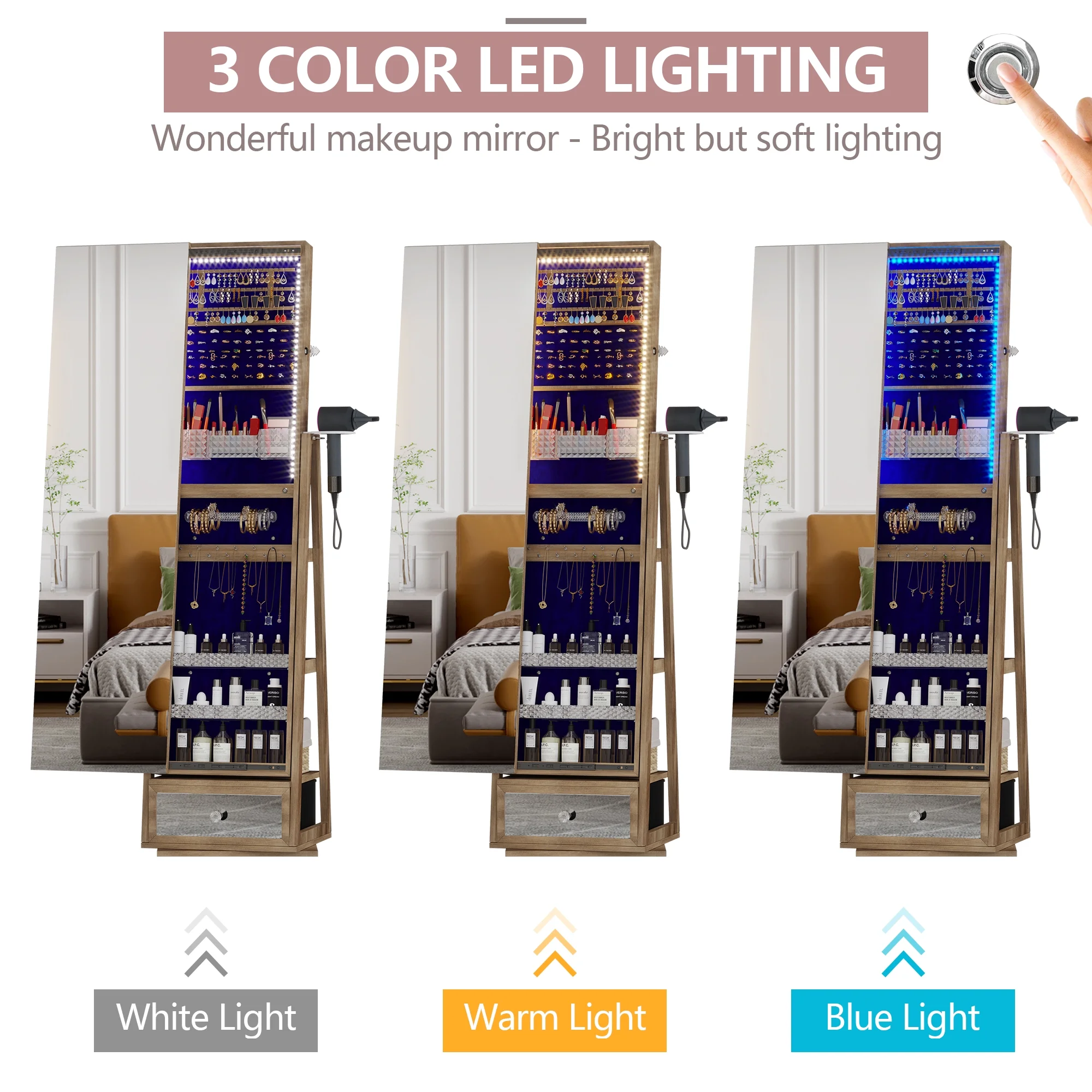 360° roterende smykkeskrin med spejl, LED-lys og lås – brun