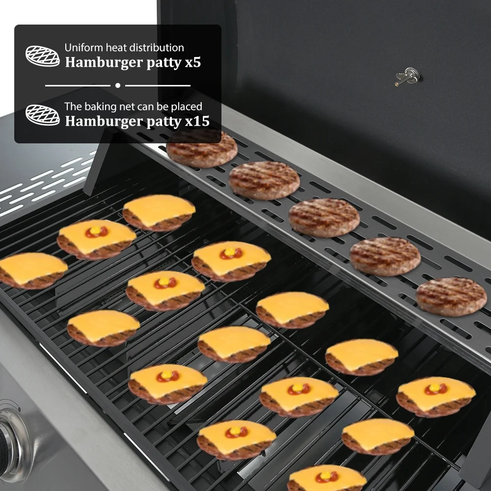 2025 SEGMART gasgrill i rustfrit stål med 4 brændere – 34.200 BTU. Have-/terrassegrill med to foldbare hylder og termometer. Ideel til camping og udendørs madlavning.