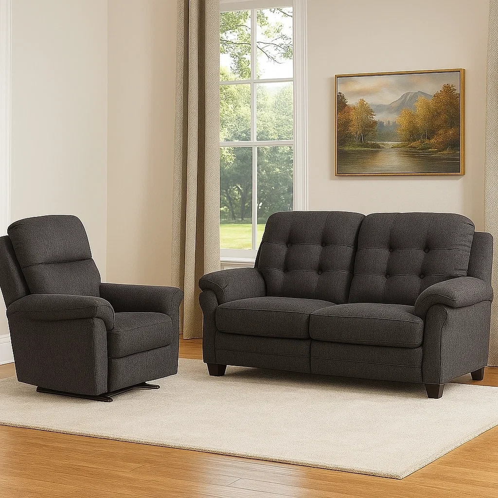 Ensemble canapé 3 places et fauteuil relax, structure en bois, coussins en mousse, tissu marron, pour salon, canapé 180 x 90 x 85 cm, fauteuil 90 x 90 x 85 cm - HD4P1nOPBYCB