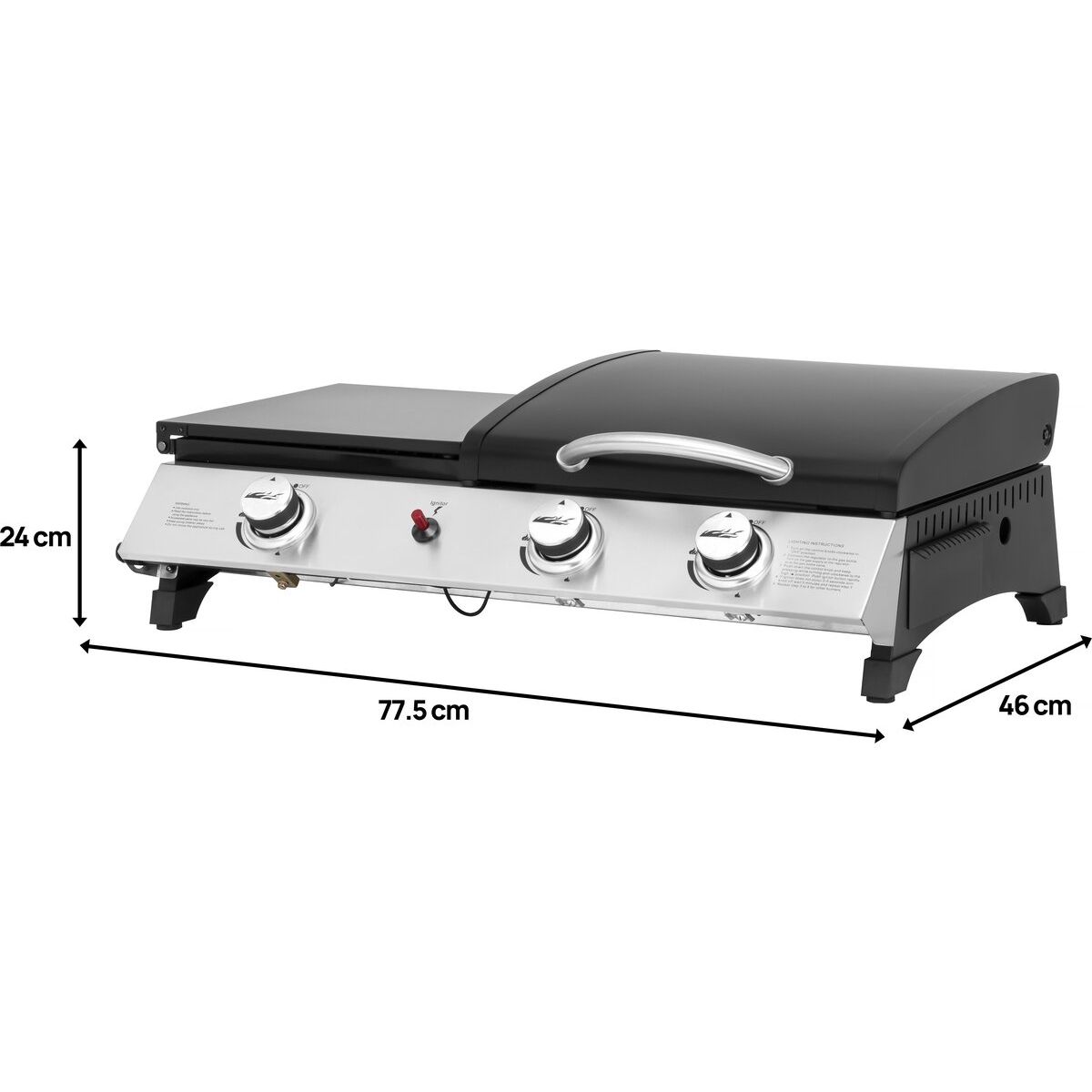 Gasgrillplatte mit Deckel „rasio“ – 7,5 kW – 3 Brenner – Schwarz