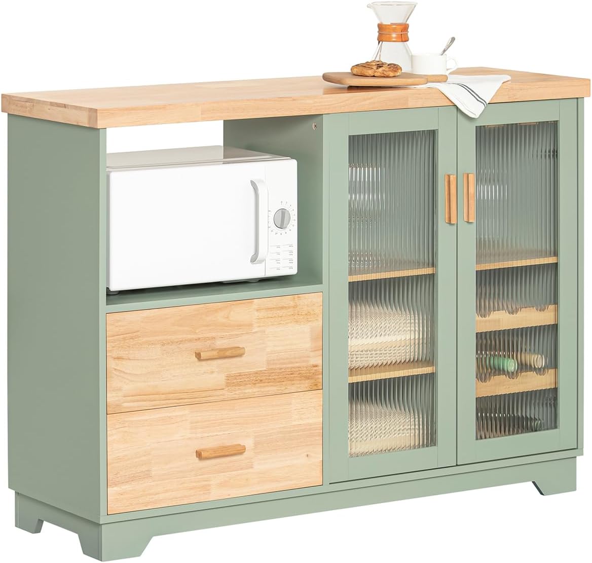 SoBuy FSB81-GR Küchenbuffet mit Mikrowellenfunktion für Esszimmer, Eingangsbereich und Wohnzimmer, mit 2 Türen, 2 Schubladen und 1 offenem Fach, Grün, 120 x 40 x 90 cm, EN