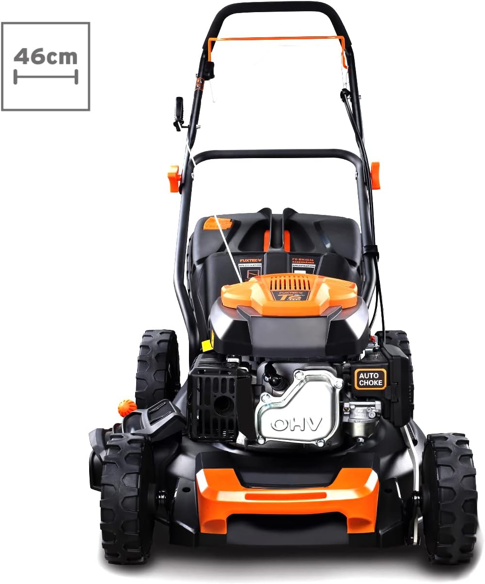 Tondeuse à gazon à essence FUXTEC FX-RM4646ECO, largeur de coupe de 46 cm, puissant moteur à essence de 146 cm³, nettoyage facile, 3 en 1, 2,6 kW, bac de ramassage mulching de 50 l.