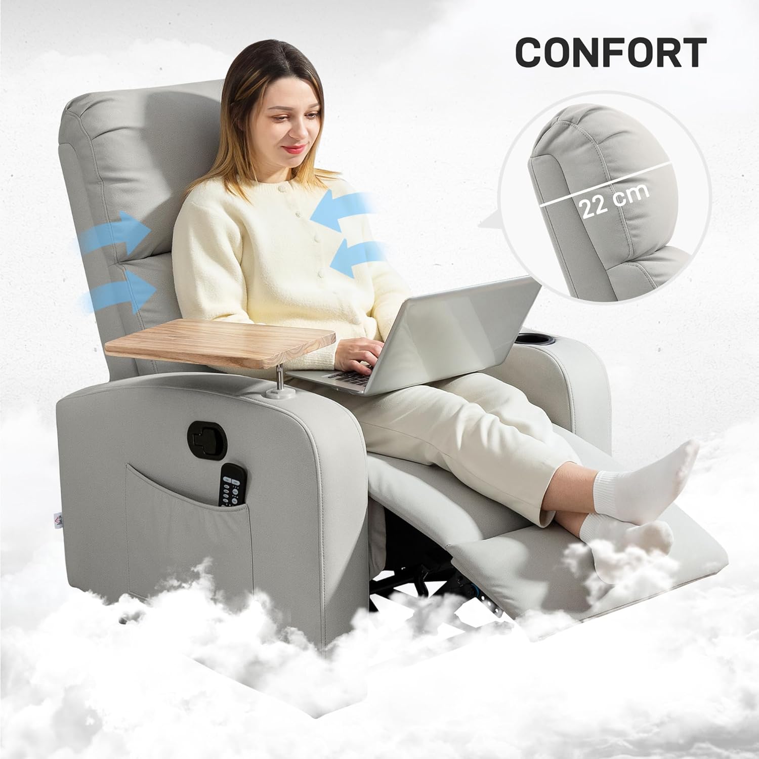 HOMCOM Massagesessel mit 8 Massagepunkten, elektrischer Verstellfunktion, Sofa mit 4 Liegepositionen (145°), Fernbedienung, Beistelltisch, 2 Seitentaschen und Getränkehalter, 77 x 93 x 105 cm, Beige