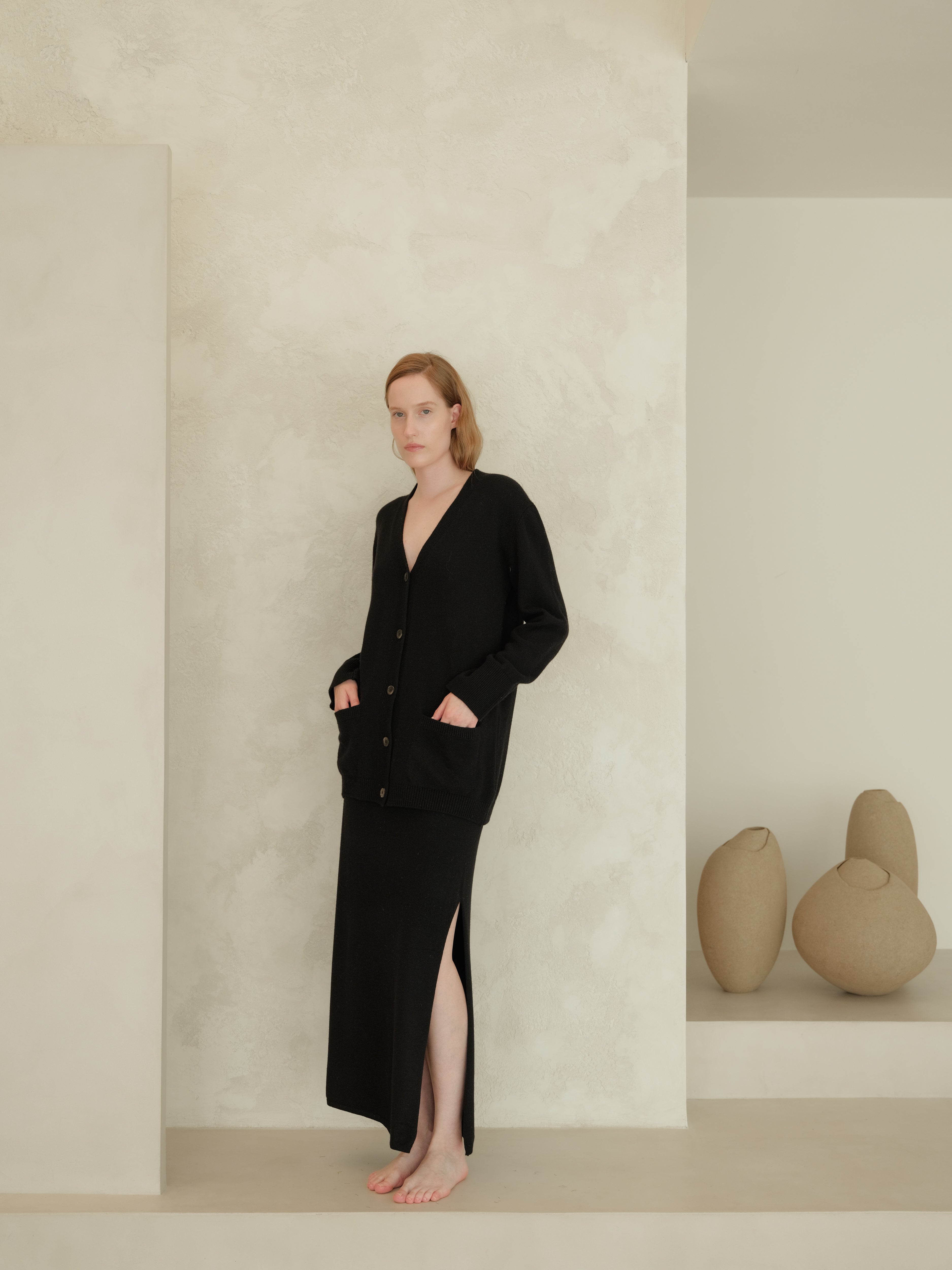 Cashmere Blend High-Waist Long Skirt With Side Slit (3D-Knit)