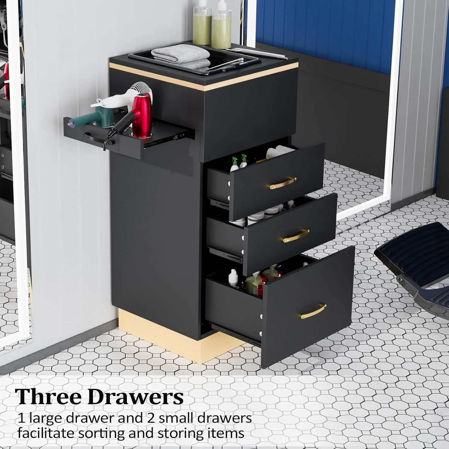 OmySalon Salon Opbevaringsstation – Frisørskab med 3 skuffer, opbevaringsrum og 3 hårtørrerholdere – Hvidguld