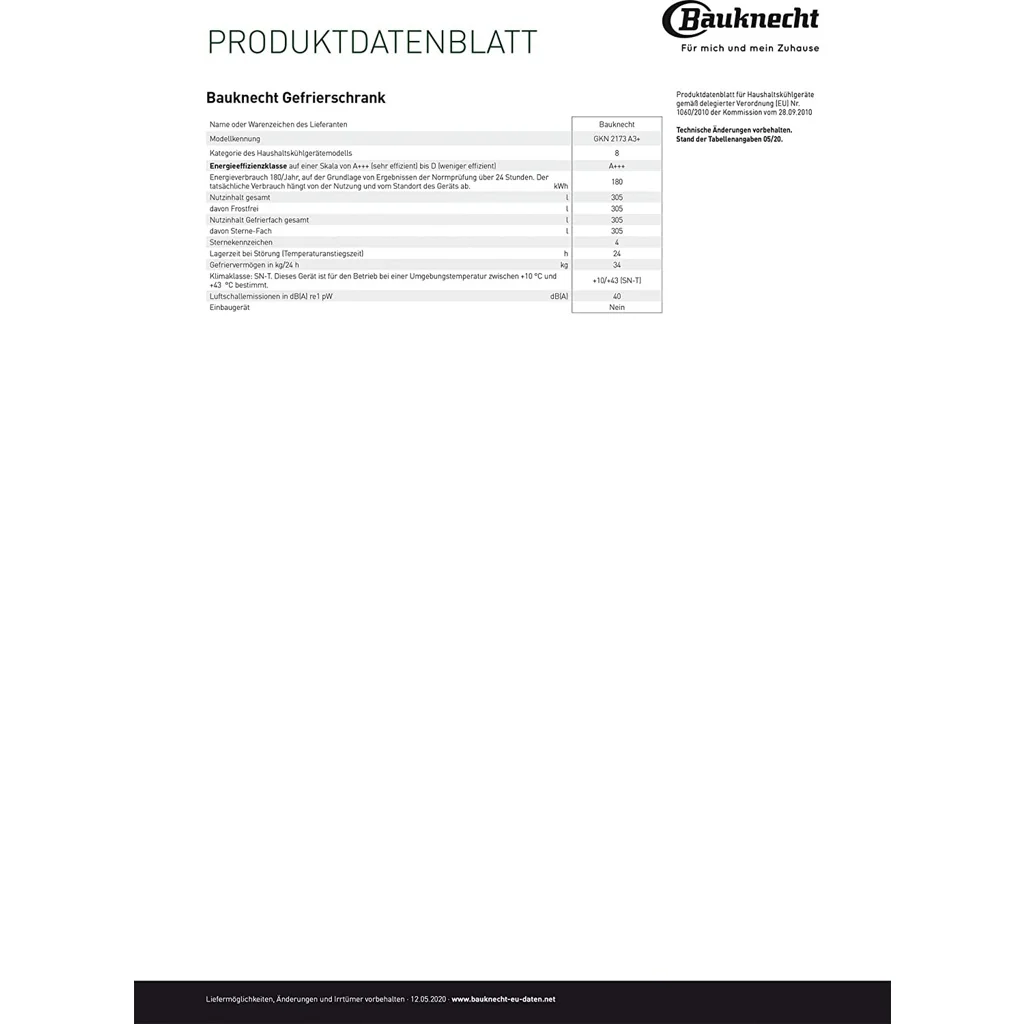 Bauknecht GKN 2173 A3+ Gefrierschrank (Modelljahr 2025) – 309 Liter. Freistehend. Energieeffizienzklasse A+++. Weiß.