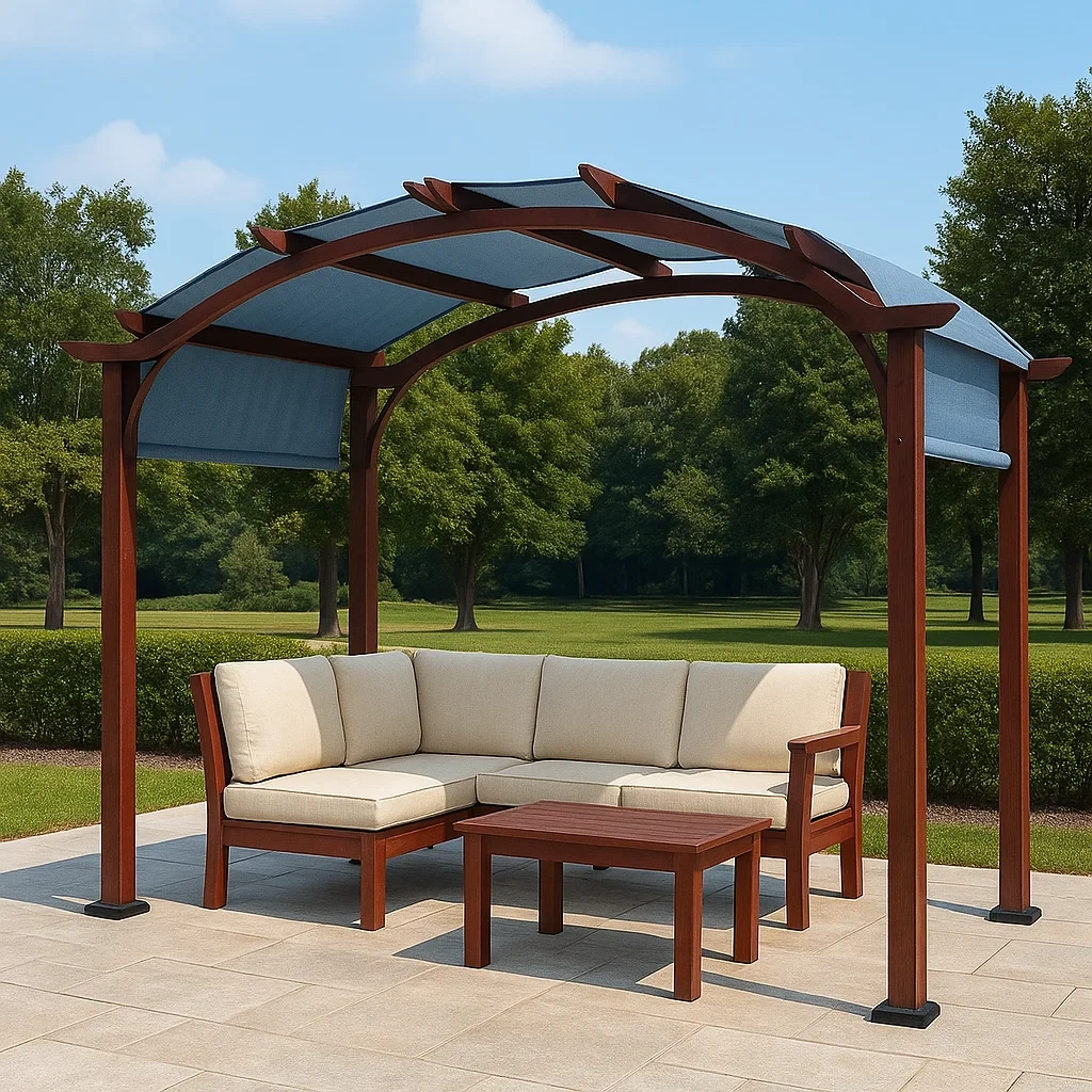 Kiosque et tonnelle en bois arqué, marron, avec toit incurvé en polycarbonate, autoportant, 300 x 180 x 220 cm, pour jardin. - bGO8SJOFCIb7