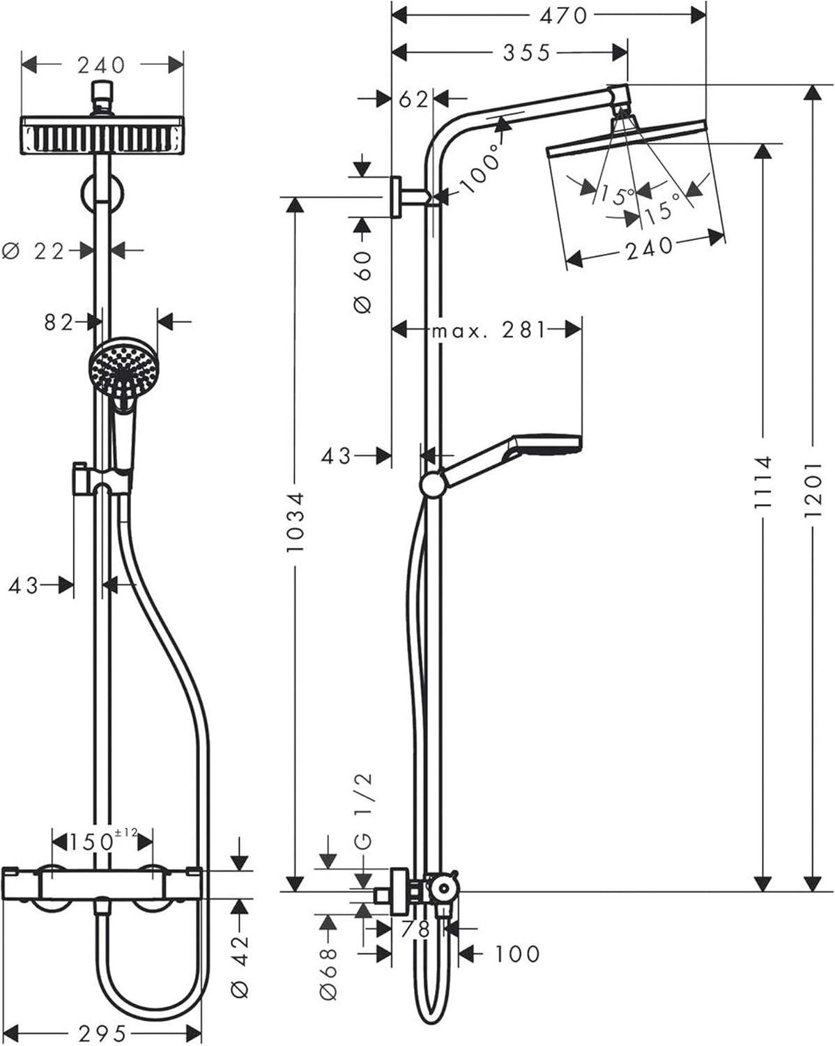 hansgrohe Crometta E - wassersparendes Duschsystem (EcoSmart) mit Thermostat, Regendusche (240 x 240 mm), Handbrause (2 Strahlarten), flexiblem Schlauch, Brausestange und rechteckigem, feststehendem Brausekopf, Chrom, 27281000