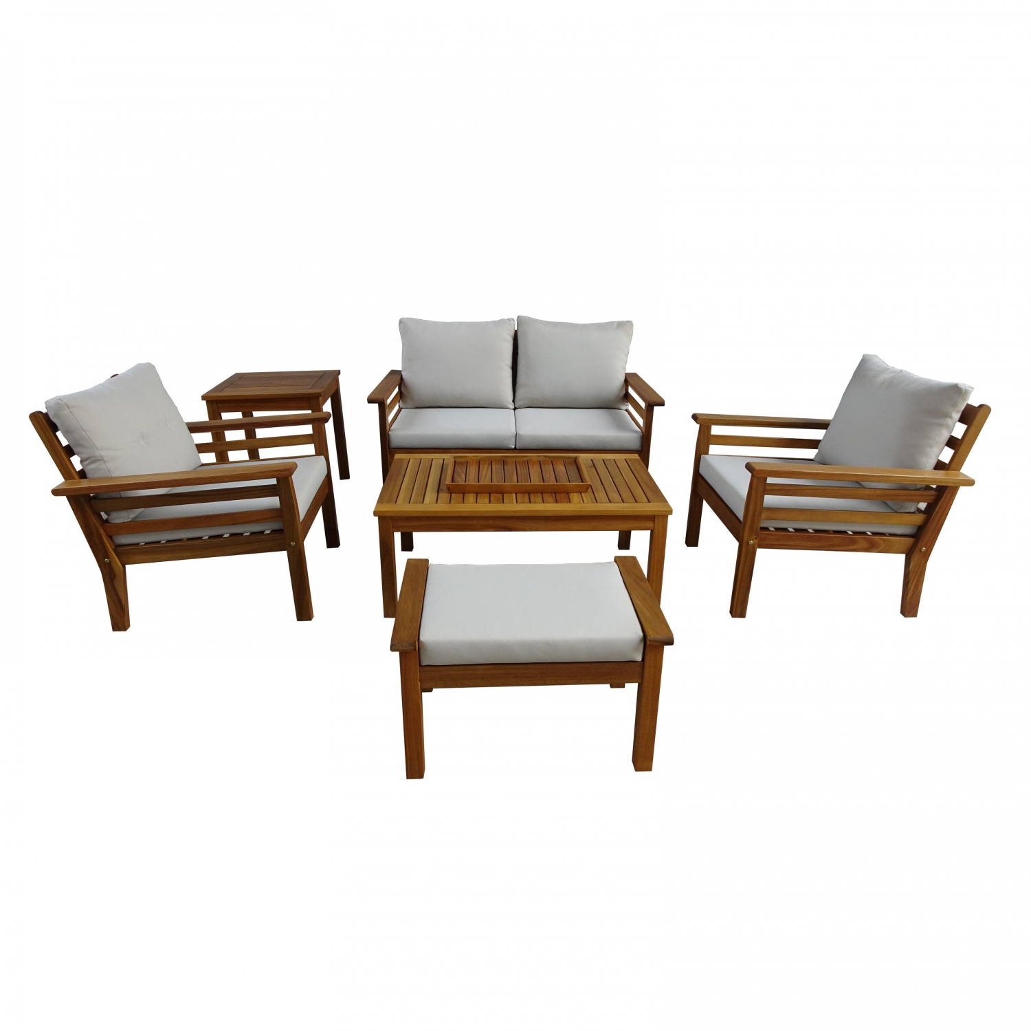 Bali Garten-Set: Tisch + Sofa + 2 Sessel + Beistelltisch + Hocker + Holztablett
