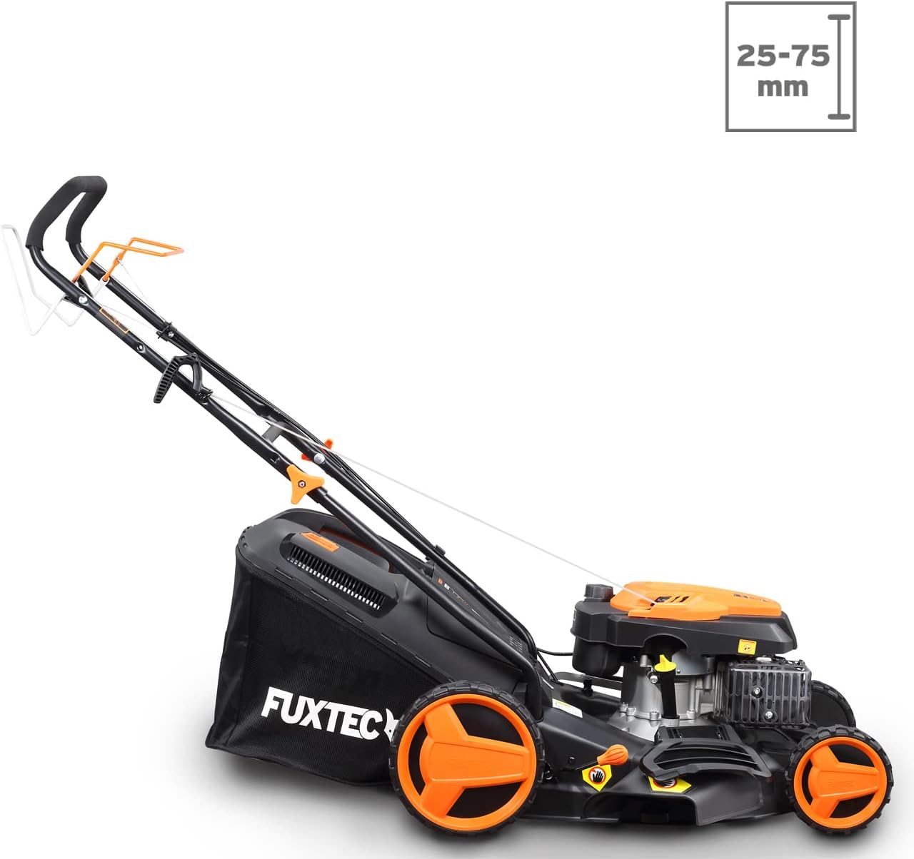 Tondeuse à gazon à essence FUXTEC FX-RM4646ECO, largeur de coupe de 46 cm, puissant moteur à essence de 146 cm³, nettoyage facile, 3 en 1, 2,6 kW, bac de ramassage mulching de 50 l.