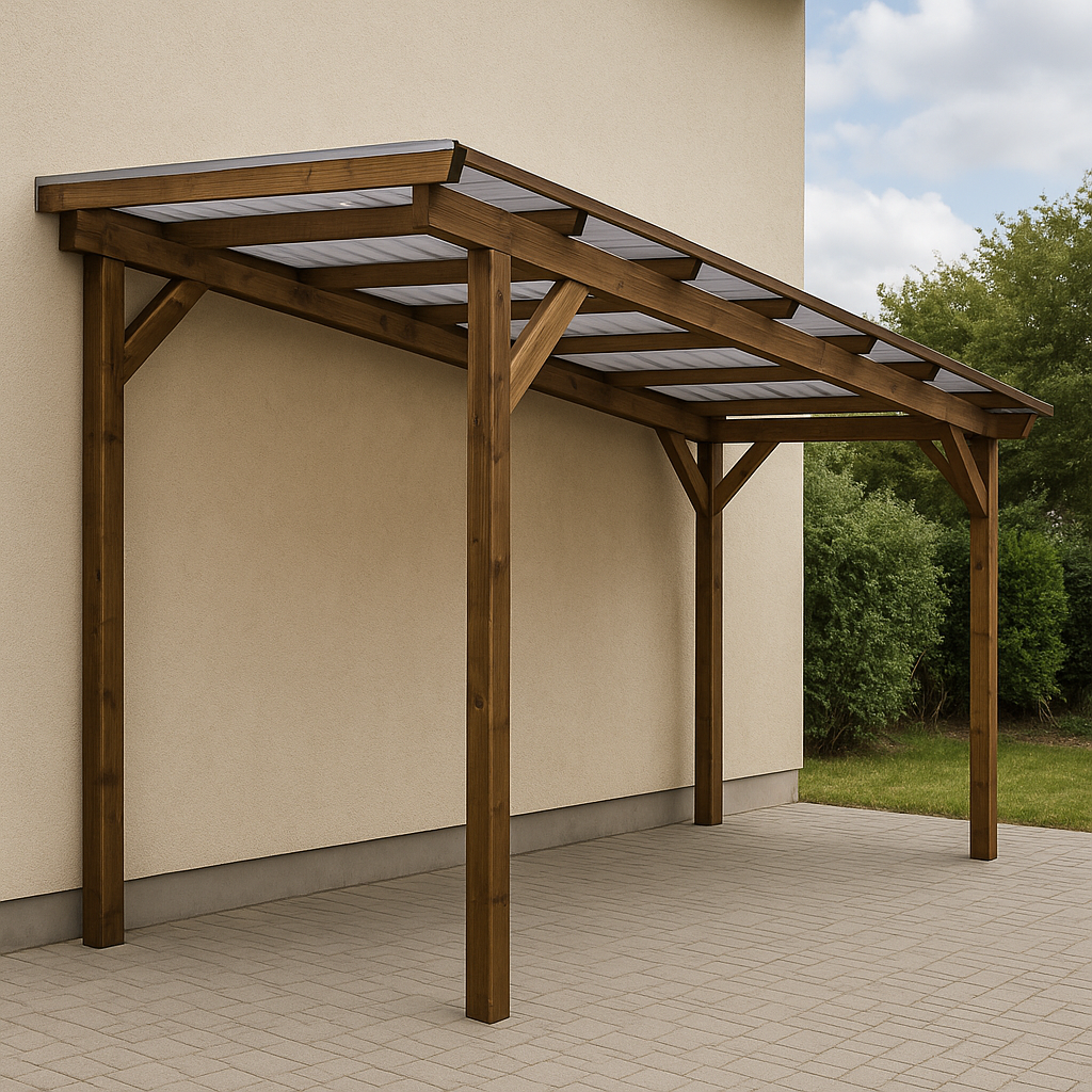 Garage attenant, structure en bois brun/transparent, extérieur en pin/polycarbonate, 510 x 180 x 322 cm