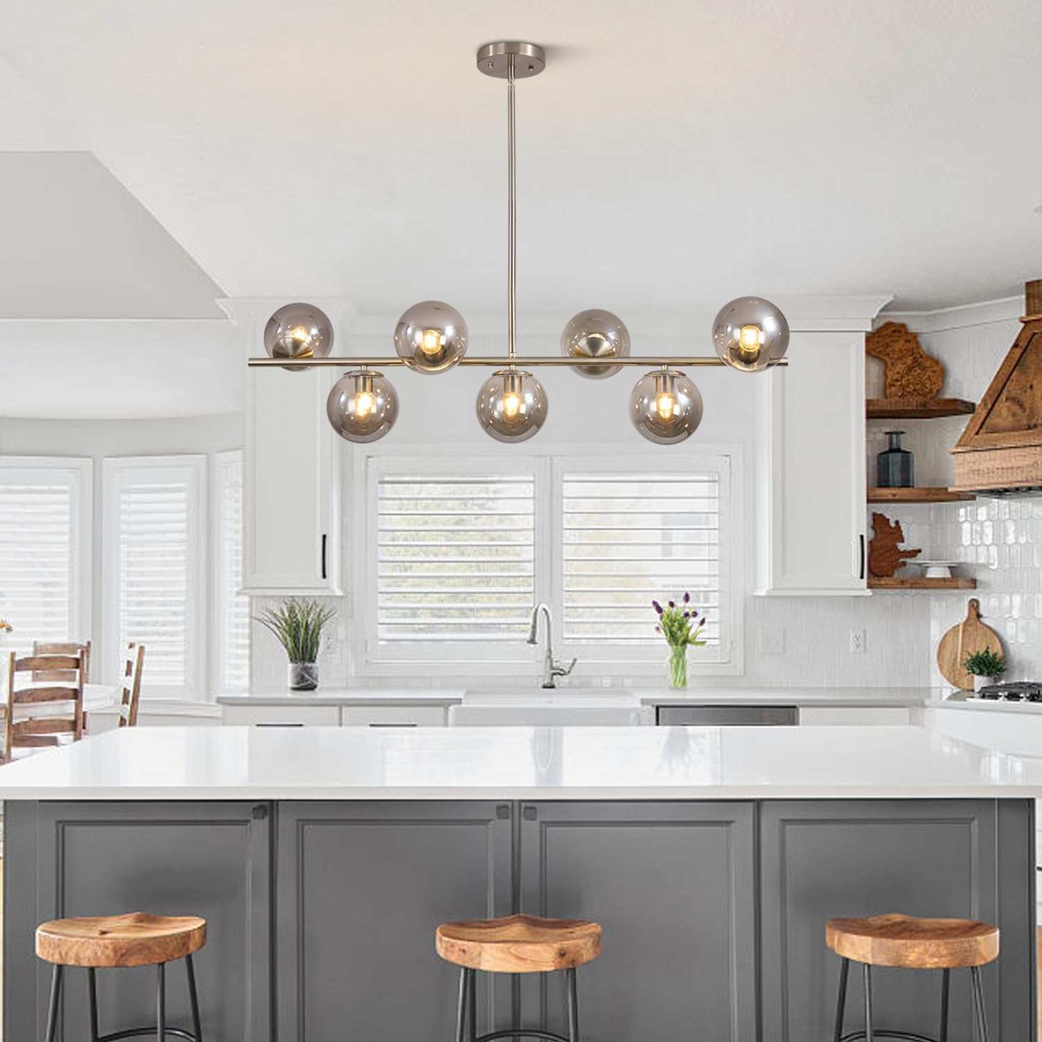 Moderne Esszimmerleuchte von KCO Lighting aus goldfarbenem Metall, Kücheninsel-Pendelleuchte aus weißem Glas, 7-flammig, E27, 80 cm höhenverstellbar