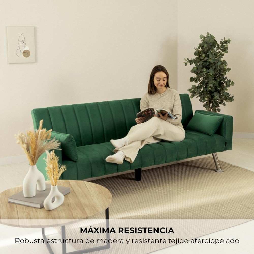 Nalui – Gepolstertes 3-Sitzer-Schlafsofa 210 x 80 x 79 cm, einlagig, 2 Kissen, Klick-Klack-Öffnungsmechanismus mit verstellbarer Rückenlehne. Samt-Chaiselongue-Schlafsofa, umwandelbar in ein Doppelbett | Beige