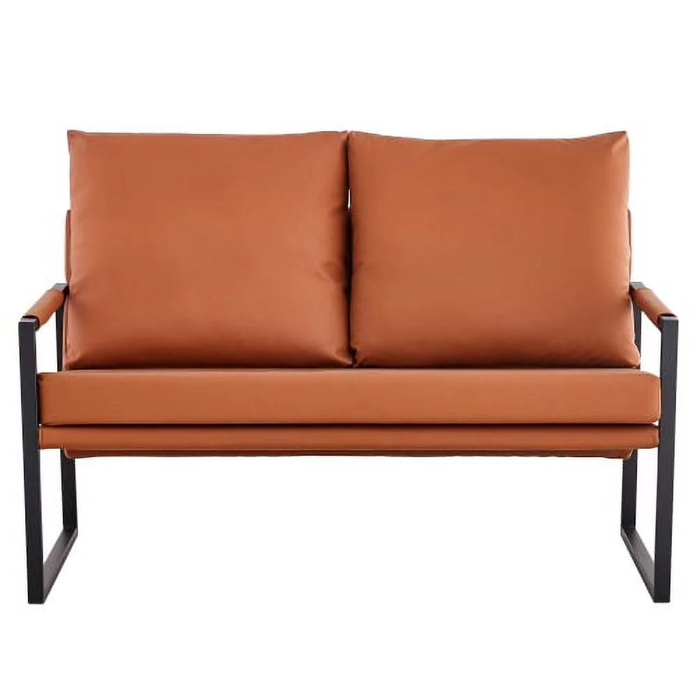 Modernes 2-Sitzer-Sofa mit 2 Kissen – PU-Leder, hochdichter Schaumstoff, schwarz lackiertes Metallgestell, braune Farbe