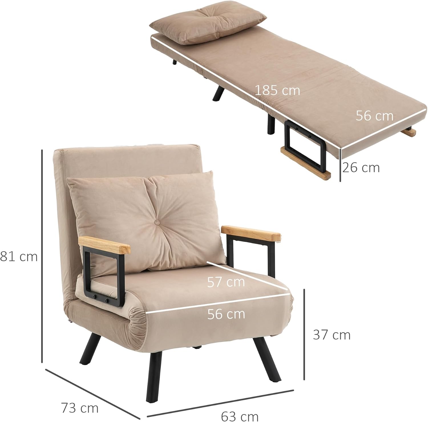 HOMCOM Schlafsofa, 2-Sitzer, Klappsofa, Samtbezug, 5-fach verstellbare Rückenlehne und gepolsterte Kissen, für Büro, Schlafzimmer, Wohnzimmer, 102 x 73 x 81 cm, Beige