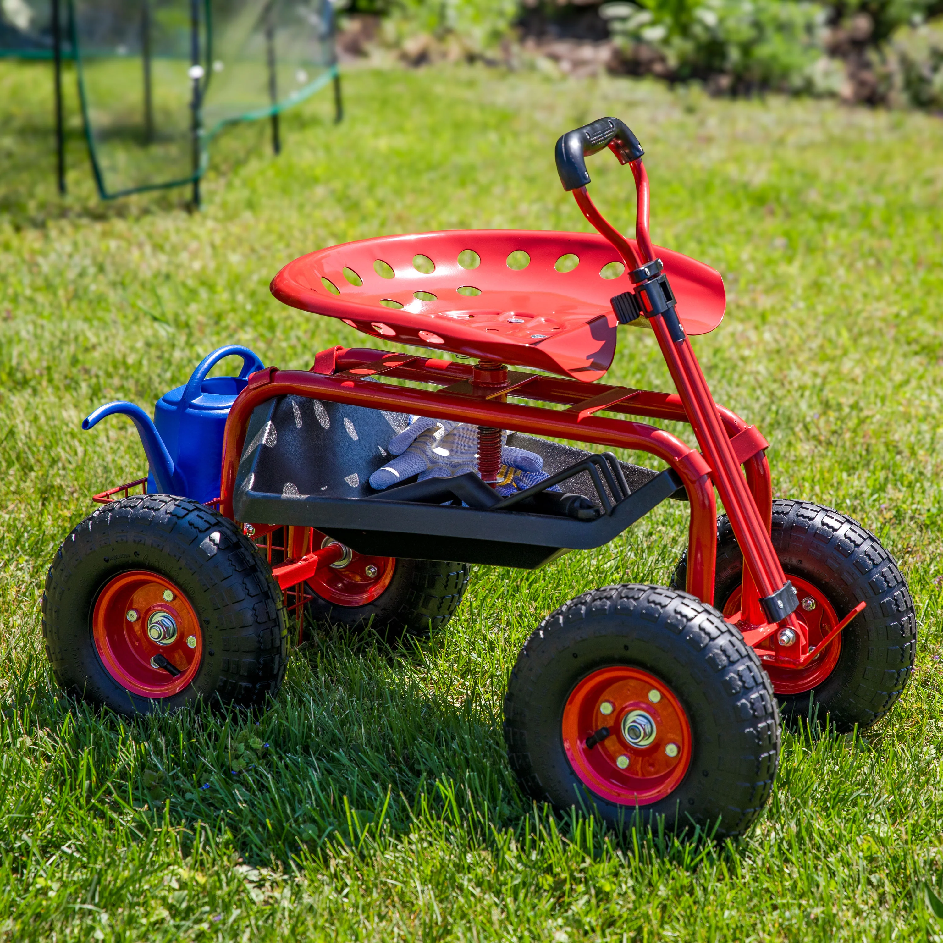 Chariot de jardin roulant Sunnydaze 2025 avec siège pivotant et poignée de direction
