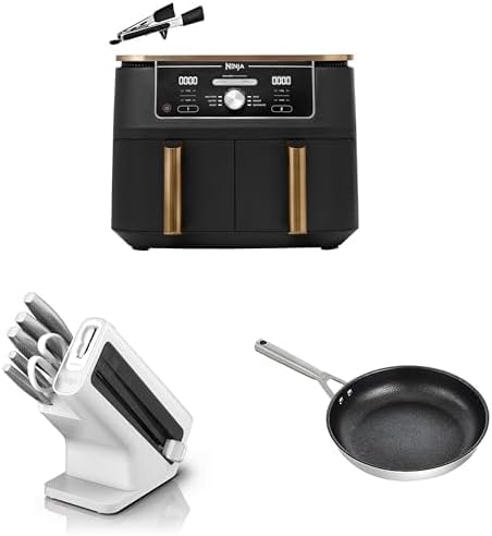 2025 Ninja Foodi MAX Dual Zone Airfryer. 9,5 L kobber/sort. AF400EUCP + Ninja StaySharp hvidt knivsæt. K62006EUWH + Ninja Foodi ZEROSTICK 28 cm stegepande i rustfrit stål. C60028EU