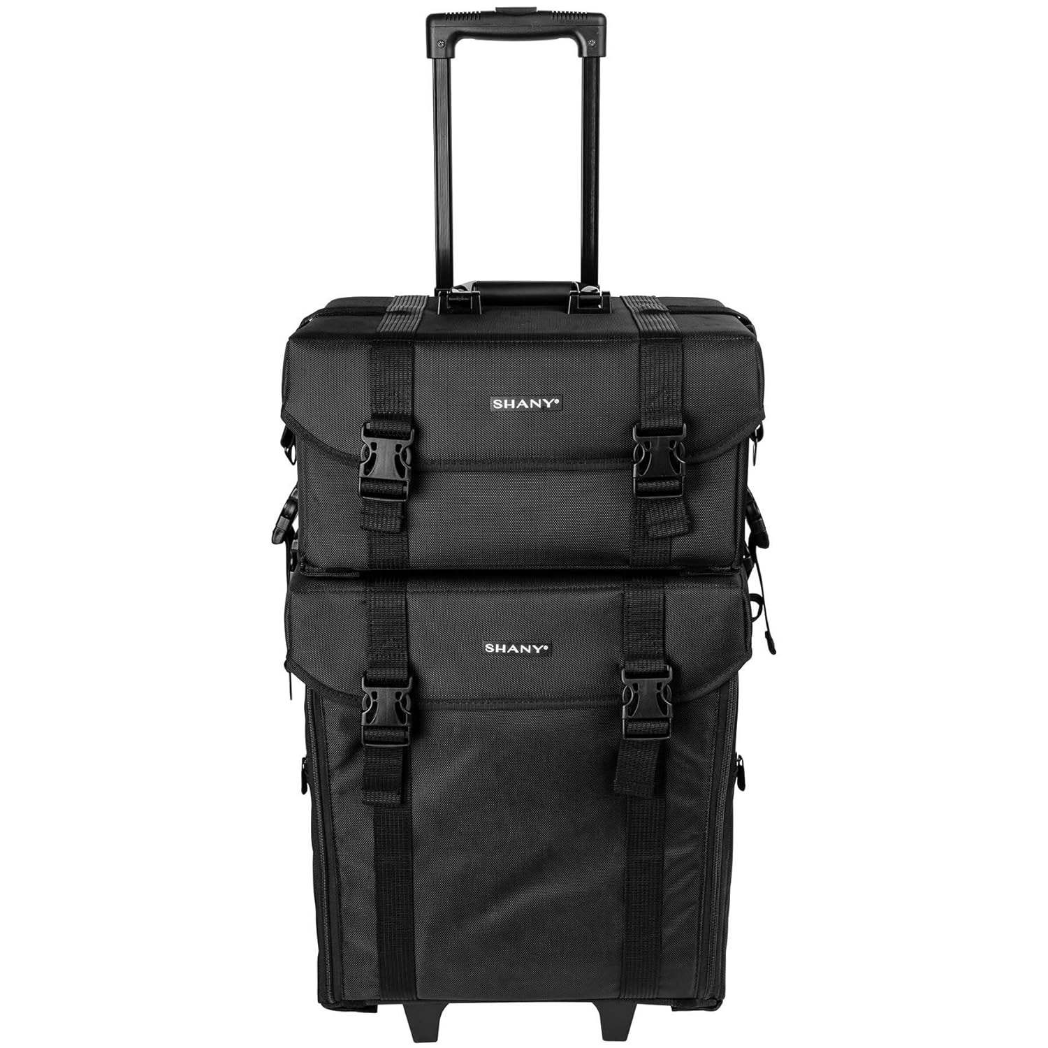 Kosmetikkoffer aus tiefschwarzem Vinyl mit Rollen – Reise-Make-up-Tasche