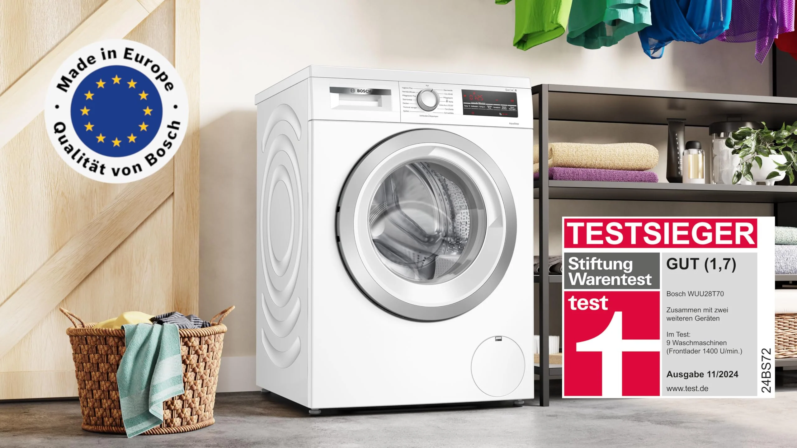 2025 Bosch WUU28T70. Serie 6. Vaskemaskine. 8 kg. 1400 o/min. Indbygget. SpeedPerfect hurtigvask. Funktion til ekstra vasketøj. Hygiene Plus. Vario-tromle. Stille drift takket være EcoSilence Drive. LED-display. Hvid